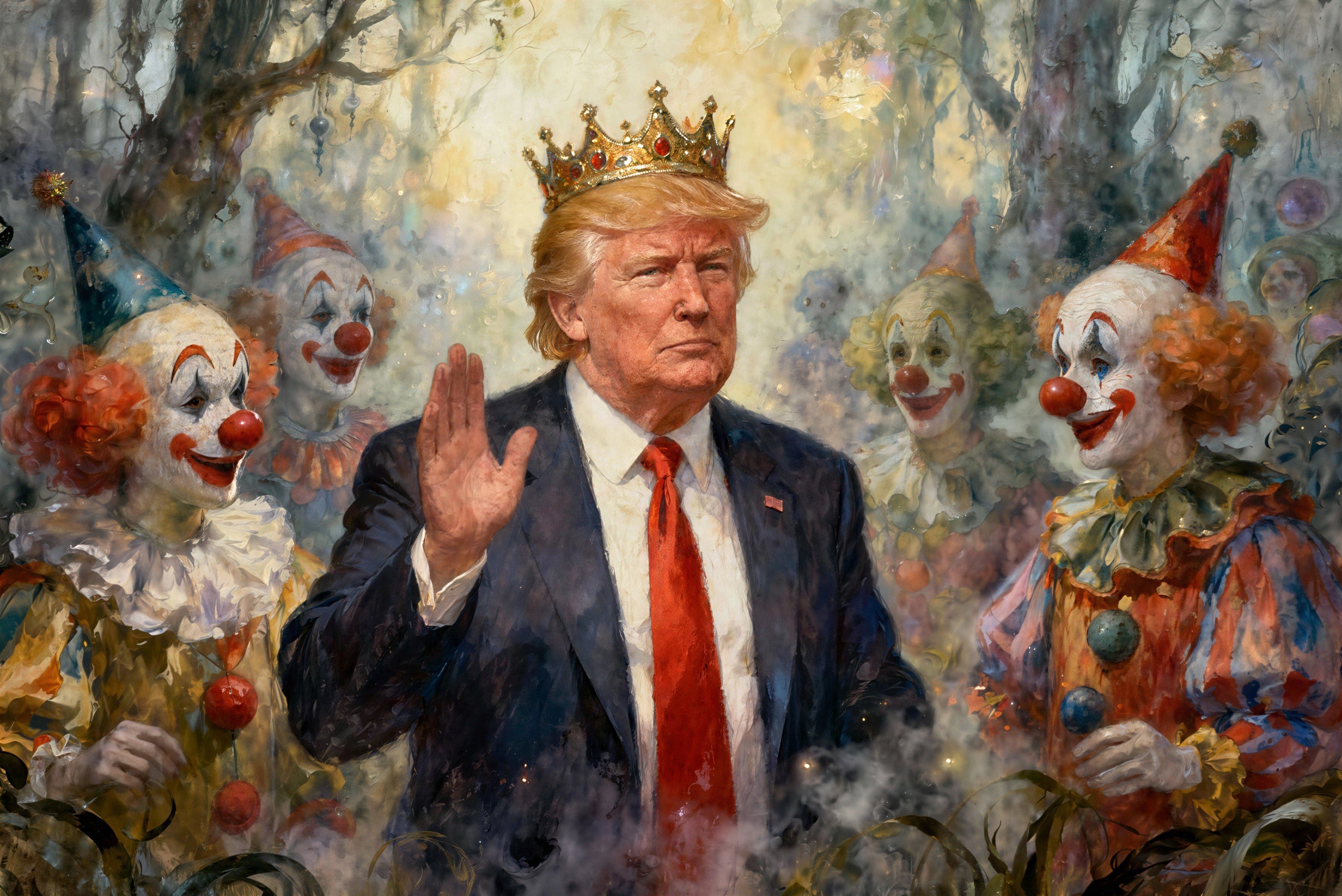 Oil Painting of Trump Surrounded by Clowns