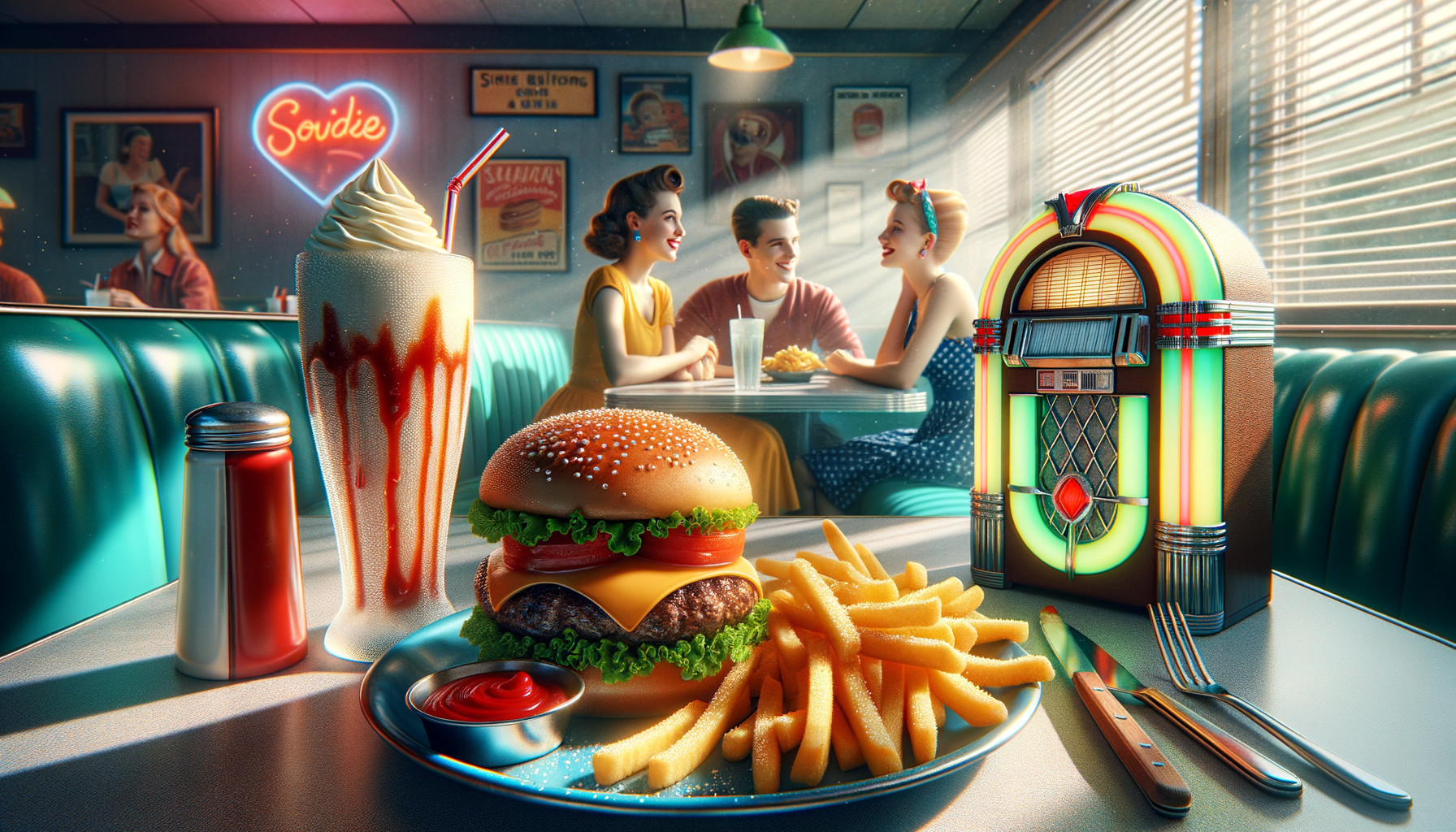 Friends Dining in a Retro Diner with Classic Meals