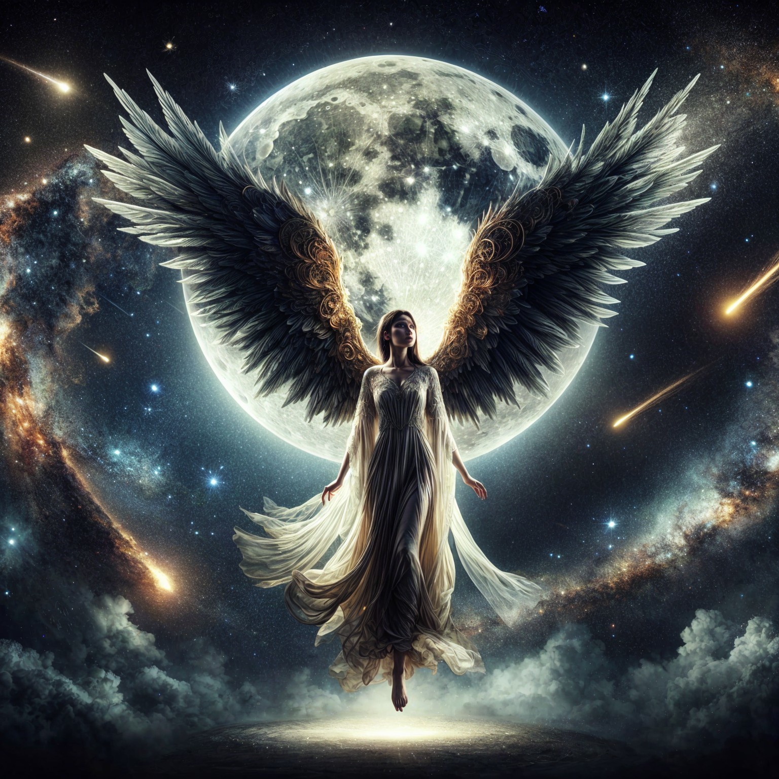 Majestic Angel Soaring in Celestial Space Scene