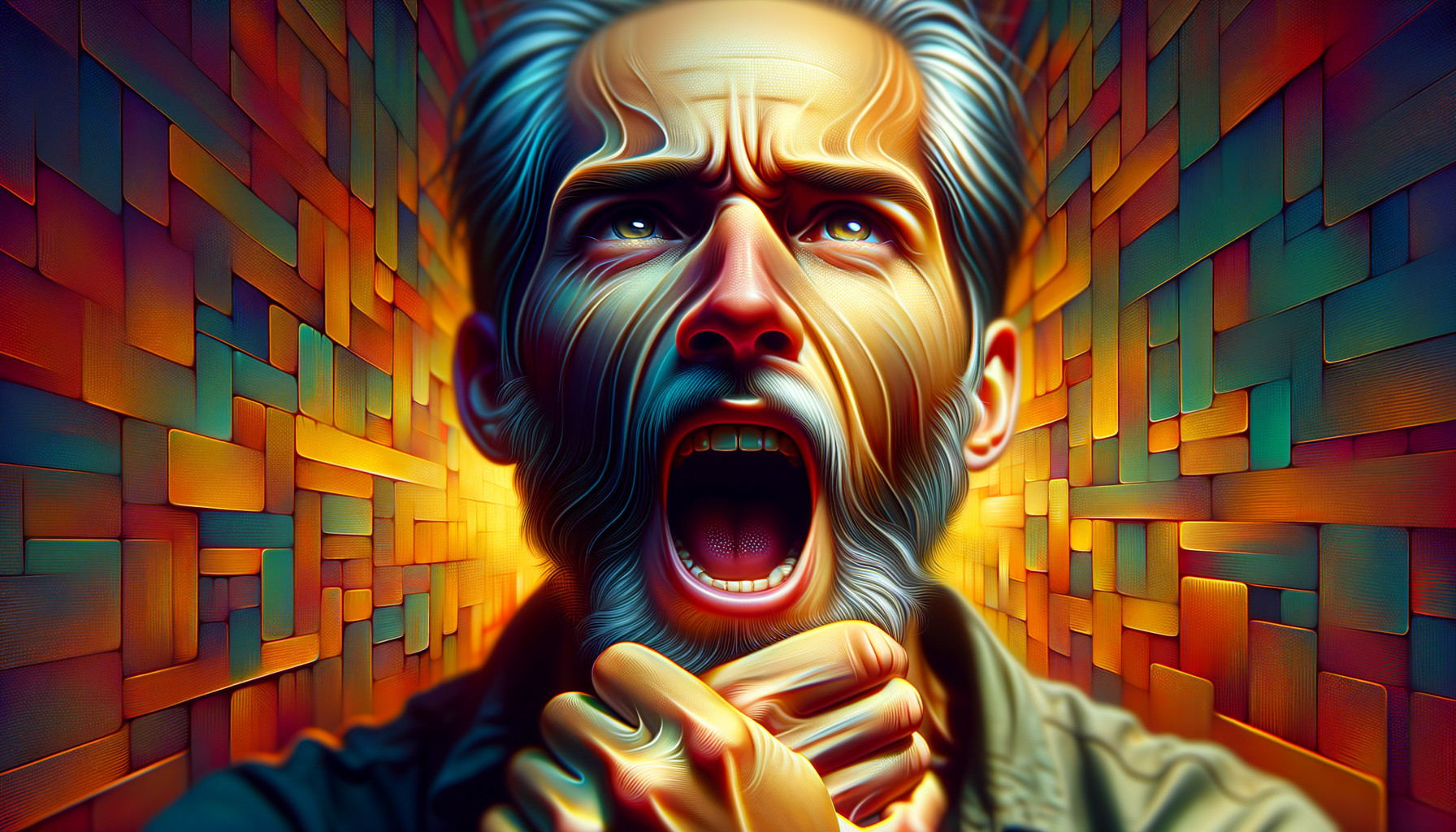 Man with intense expression against vibrant background