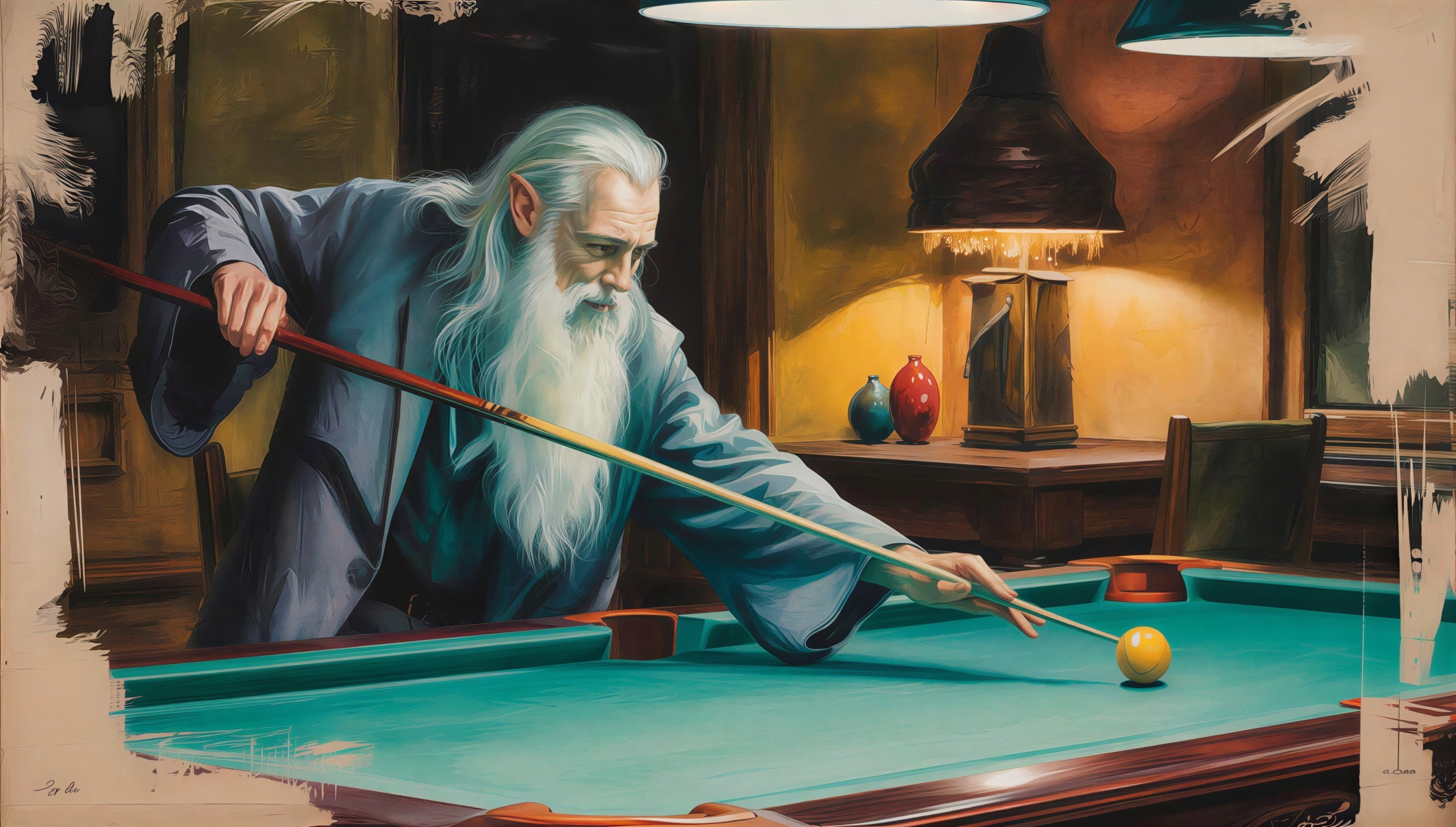 Oil Painting of an Elderly Man at a Billiard Table