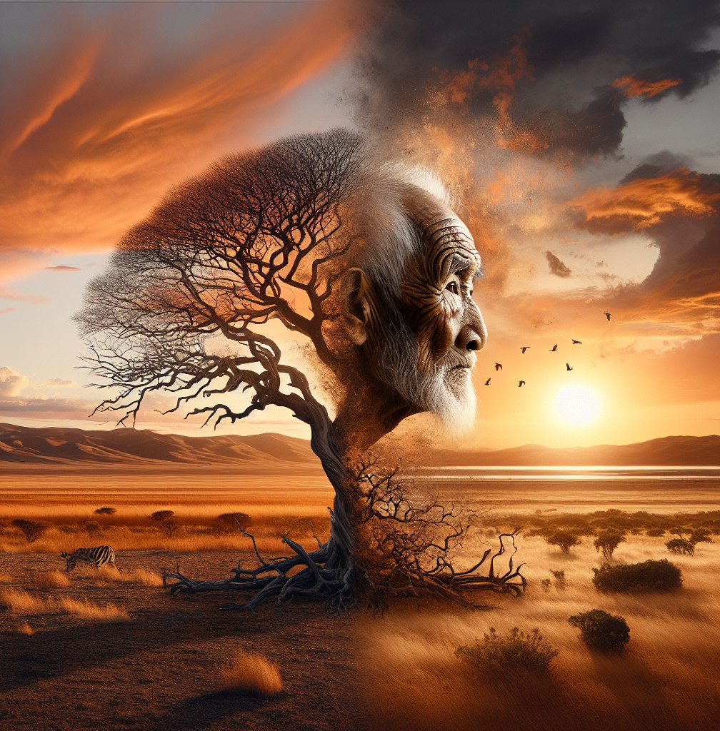 Surreal Landscape with Tree and Elderly Man's Face