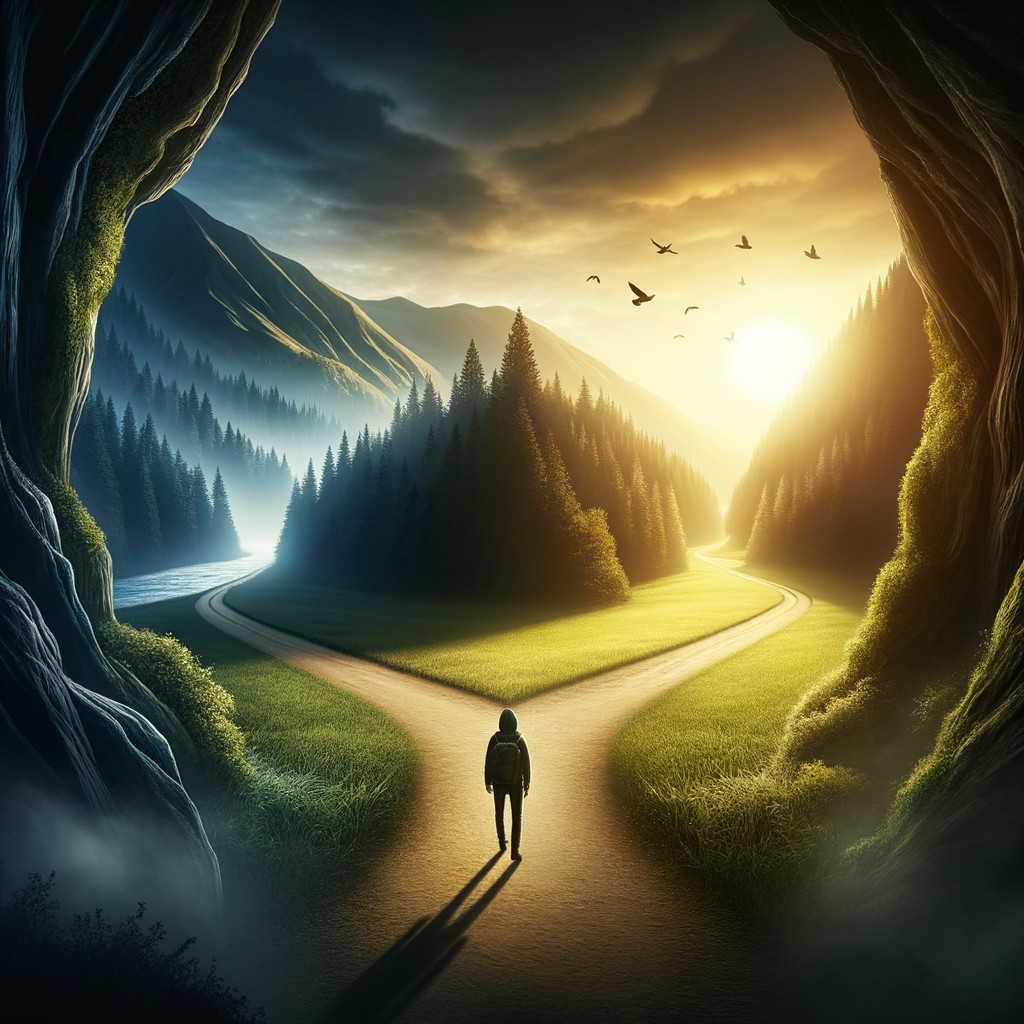 Crossroads in a Serene Mountain Landscape at Sunset