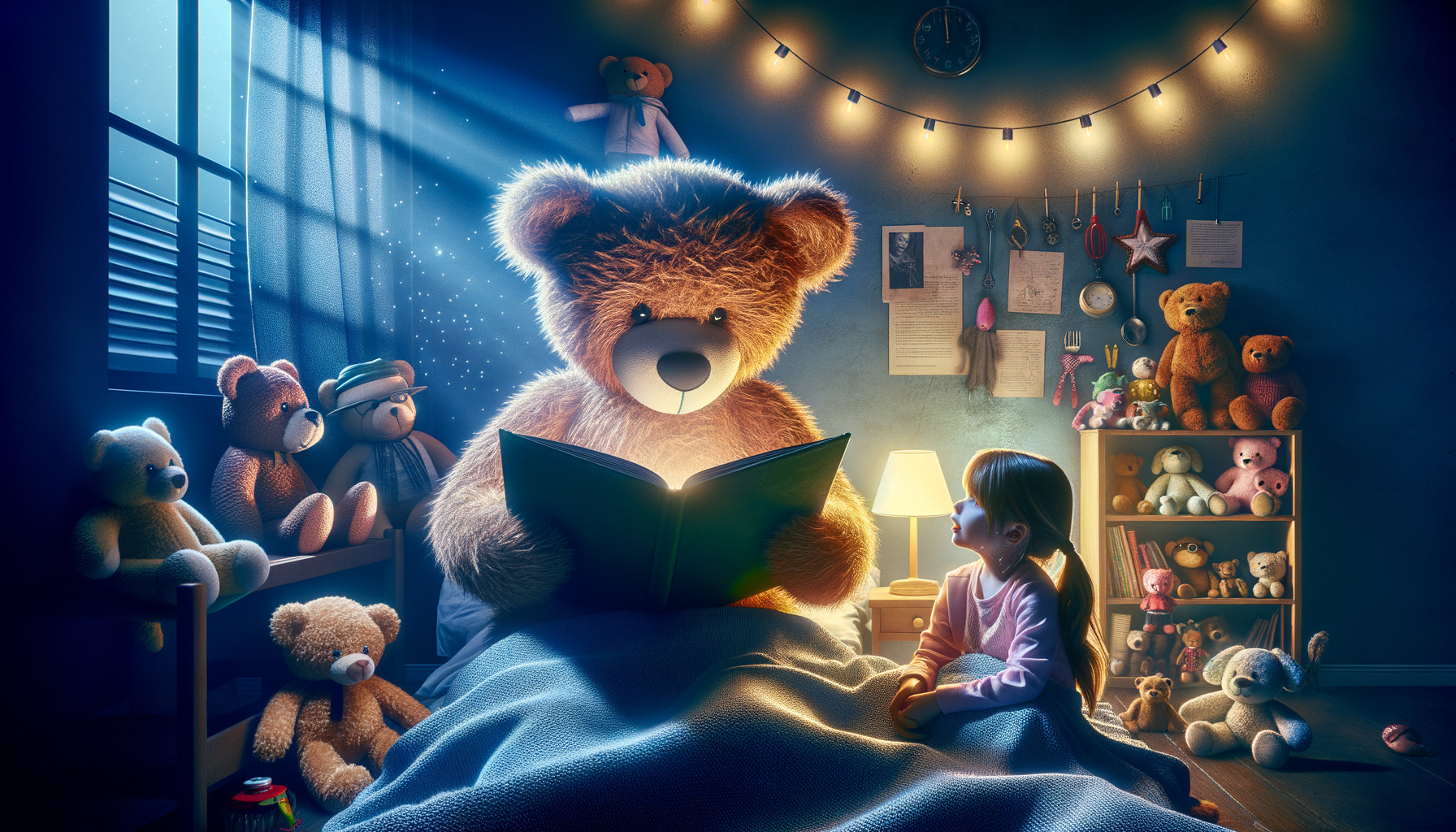 Cozy bedroom scene with teddy bear and young girl
