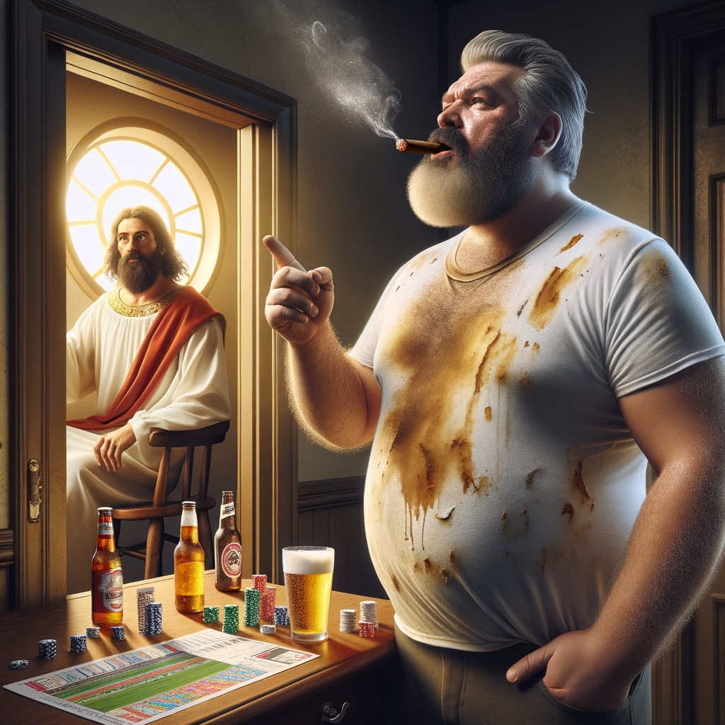 Disheveled man and serene figure in dimly lit room