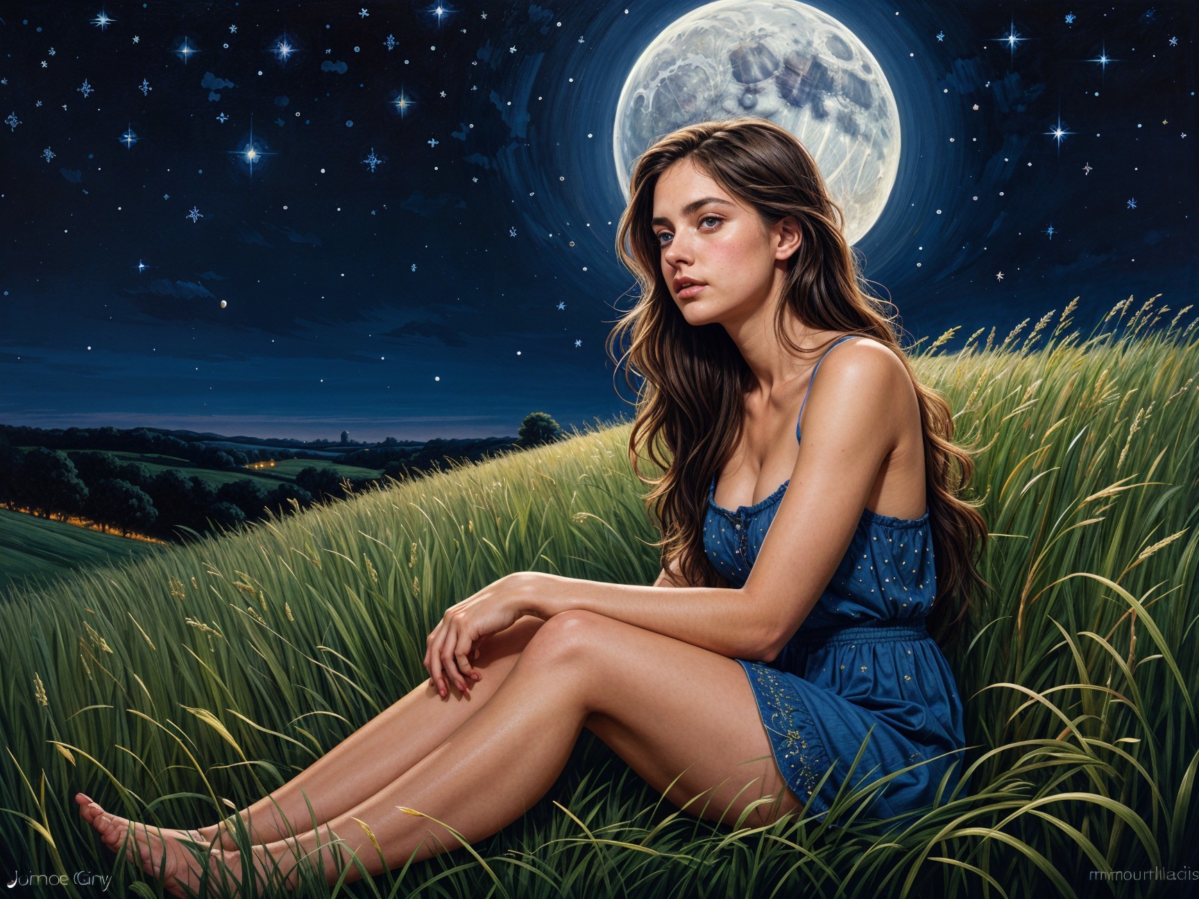 Young Woman in Blue Dress Under Full Moonlight