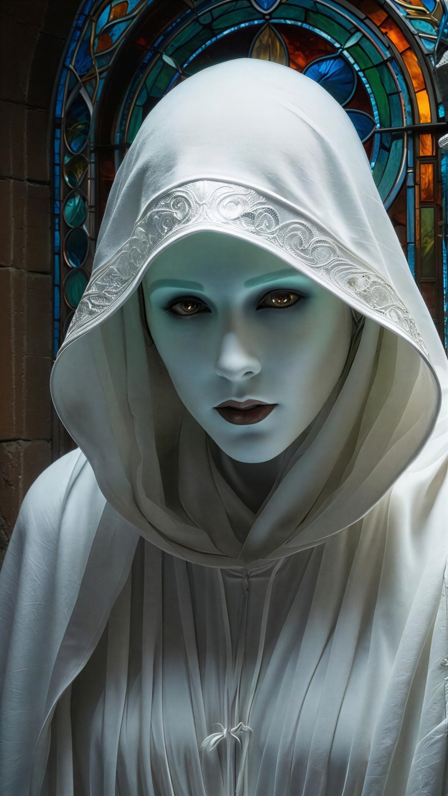 Woman in Hooded Cloak with Stained-Glass Background
