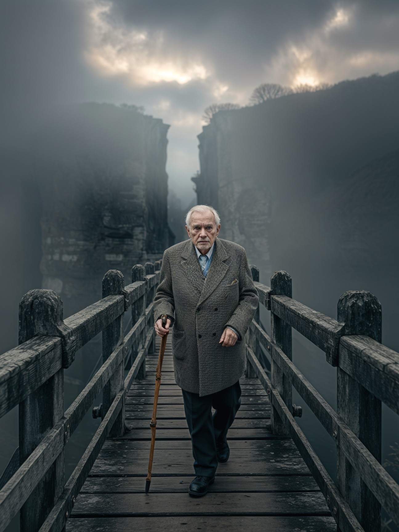 Elderly Man Walking on Misty Wooden Bridge