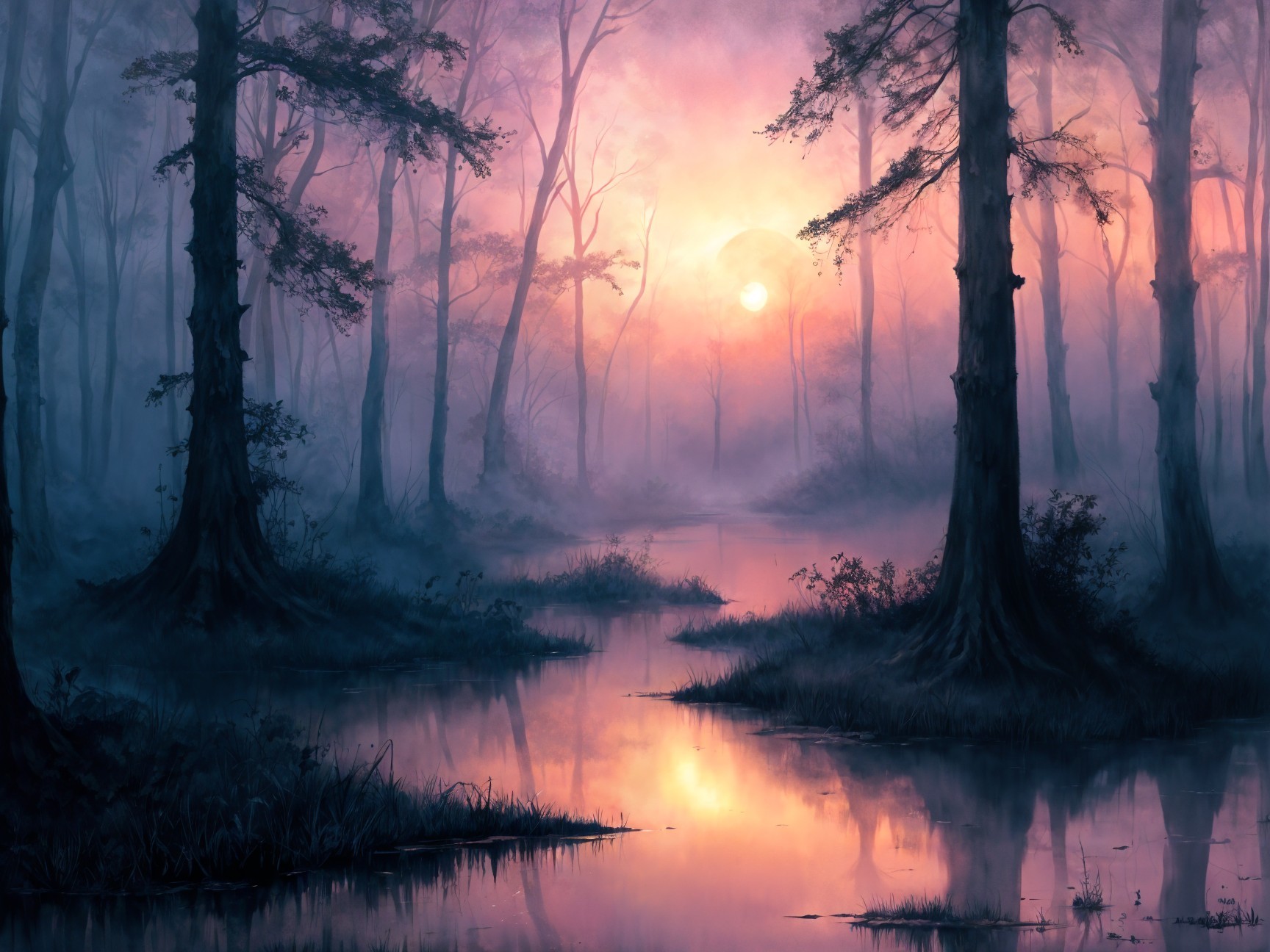 Tranquil Swamp Scene at Dusk with Silhouetted Trees