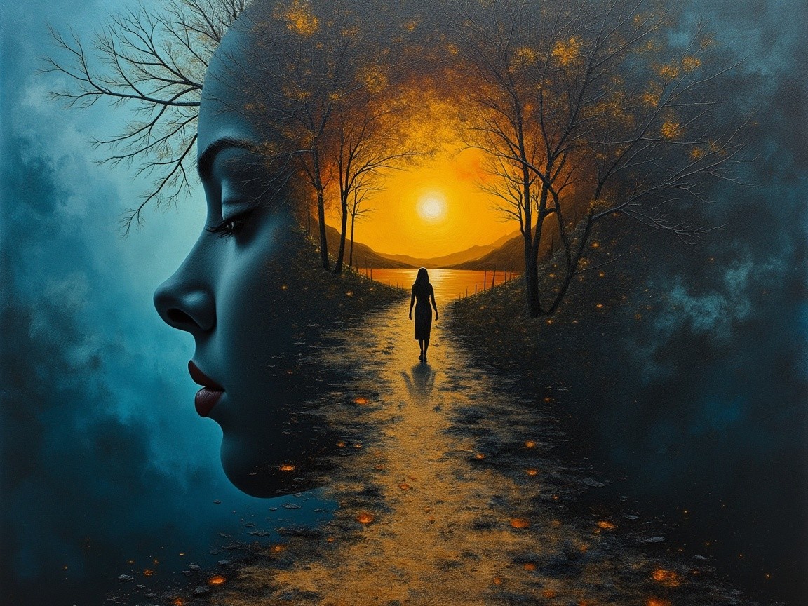 Surreal Landscape with Woman's Profile at Sunset
