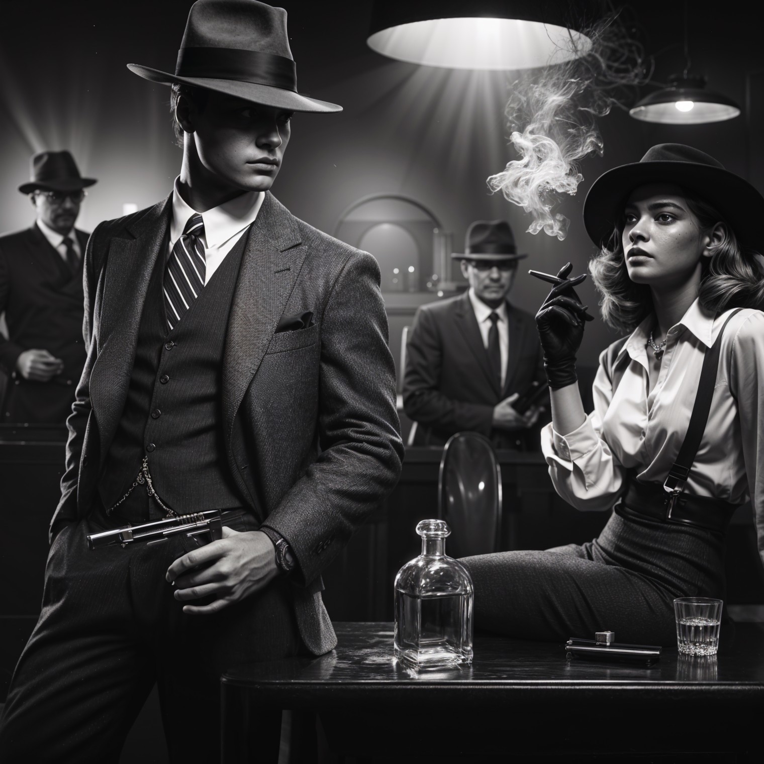 Noir Scene with Stylish Characters and Tension