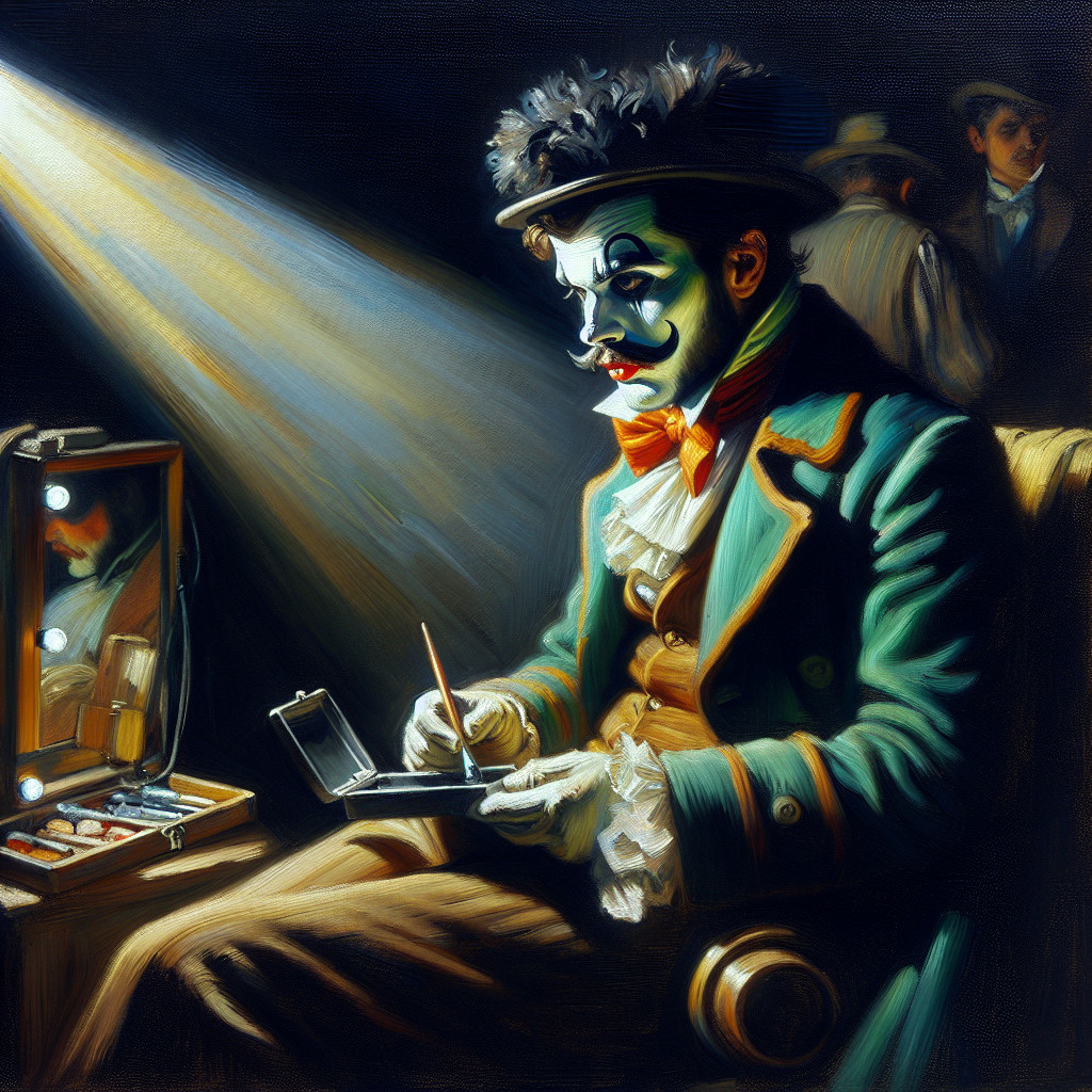 Clown Applying Makeup in Dimly Lit Dressing Room