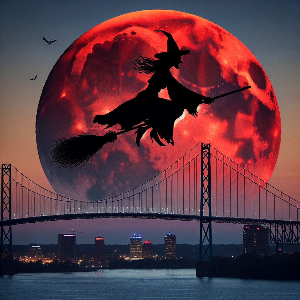 Witch Silhouette Flying Against Red Moon and City Lights