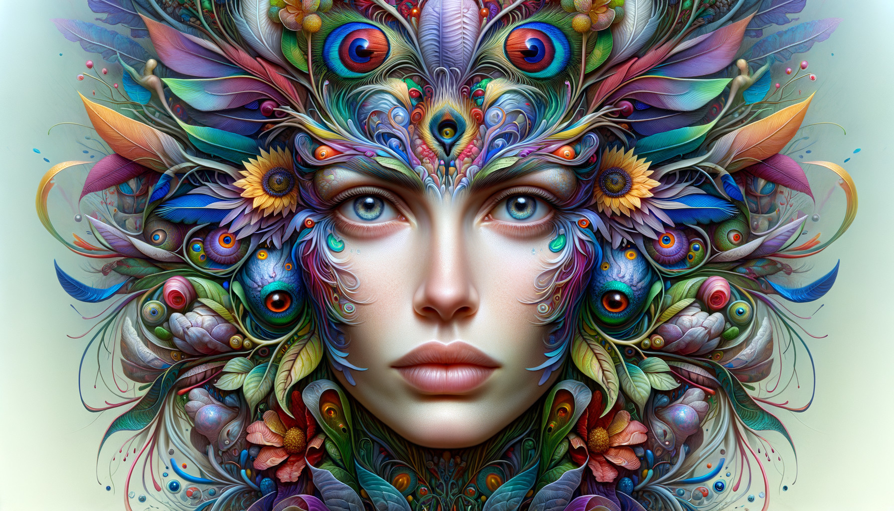 Detailed Face Surrounded by Botanical and Feather Elements