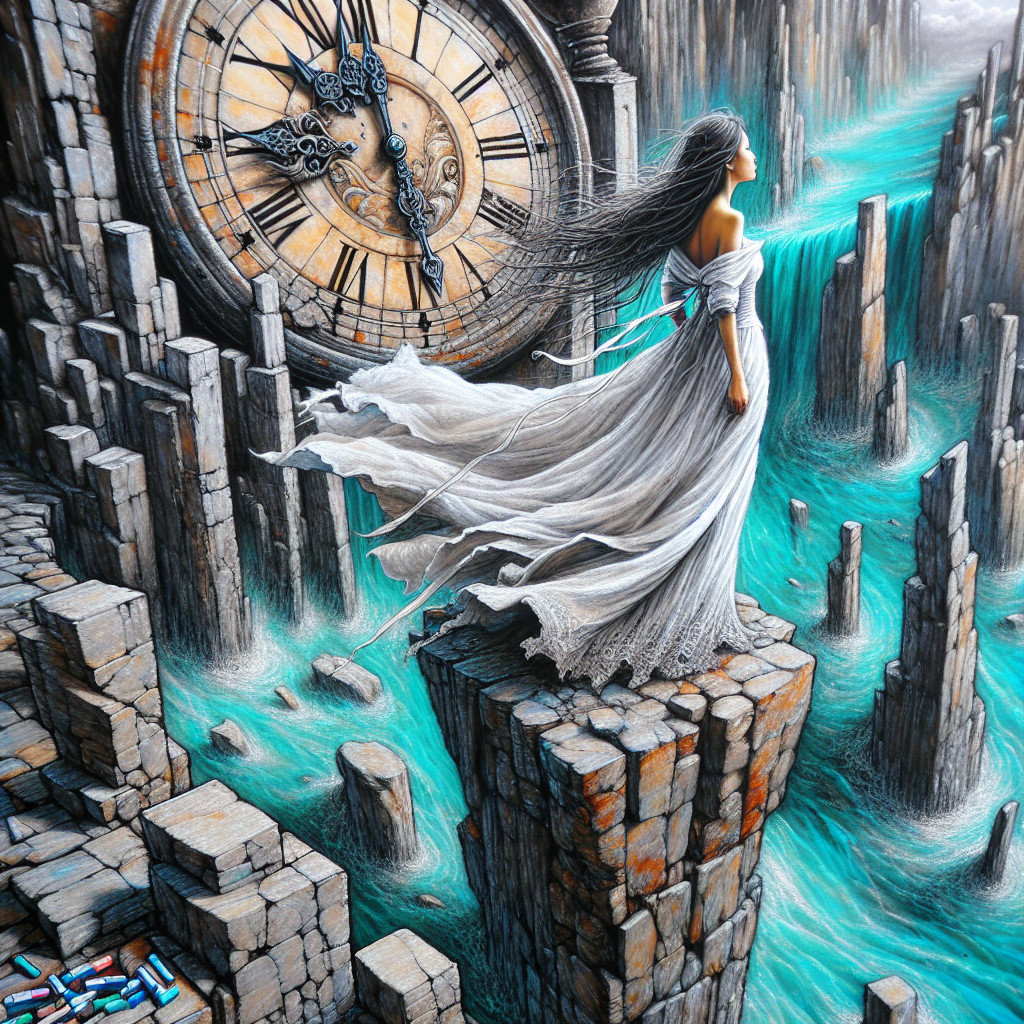 Ethereal Woman on Pedestal in Surreal Landscape