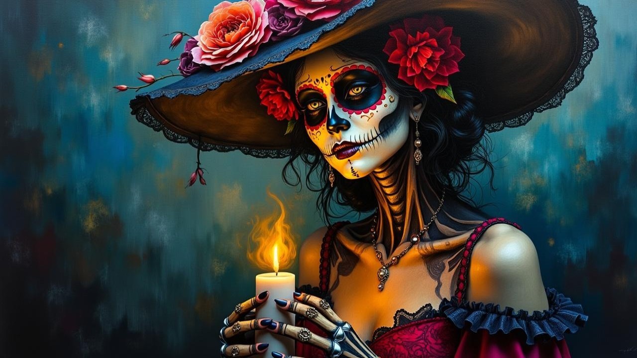 Detailed figure in Día de los Muertos attire with candle