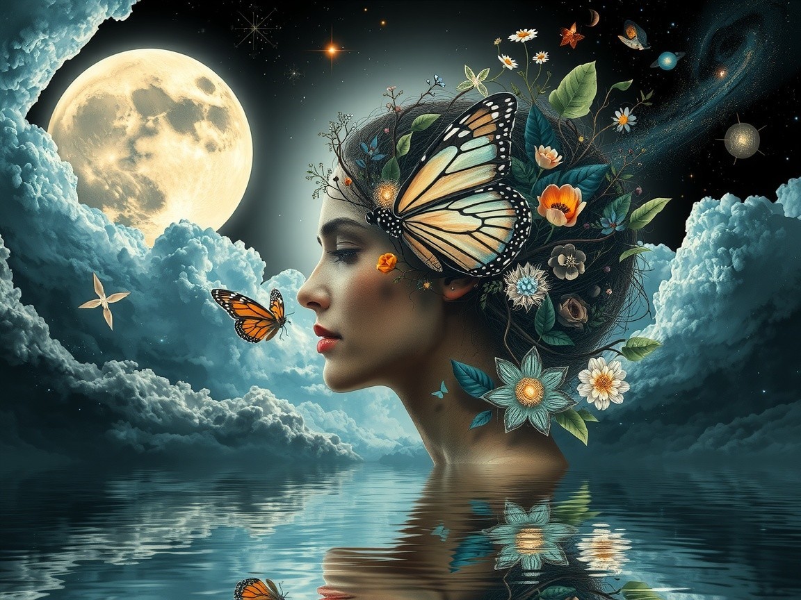 Profile of a Woman Surrounded by Nature and Moonlight