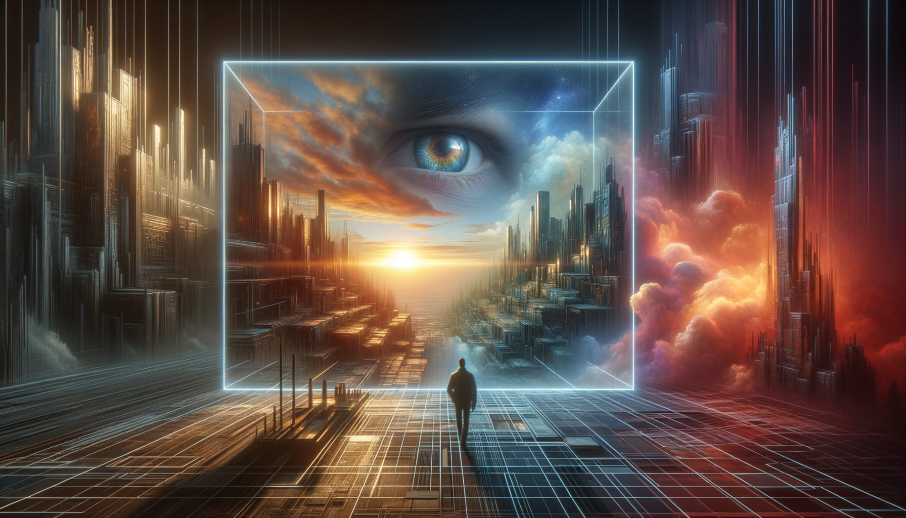 Futuristic scene with transparent cube and surreal landscape