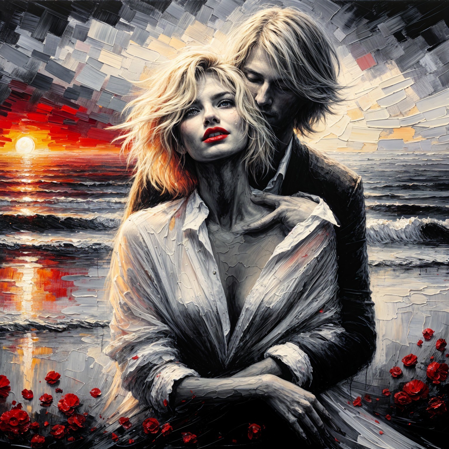 Couple Embrace at Sunset with Ocean Waves and Roses