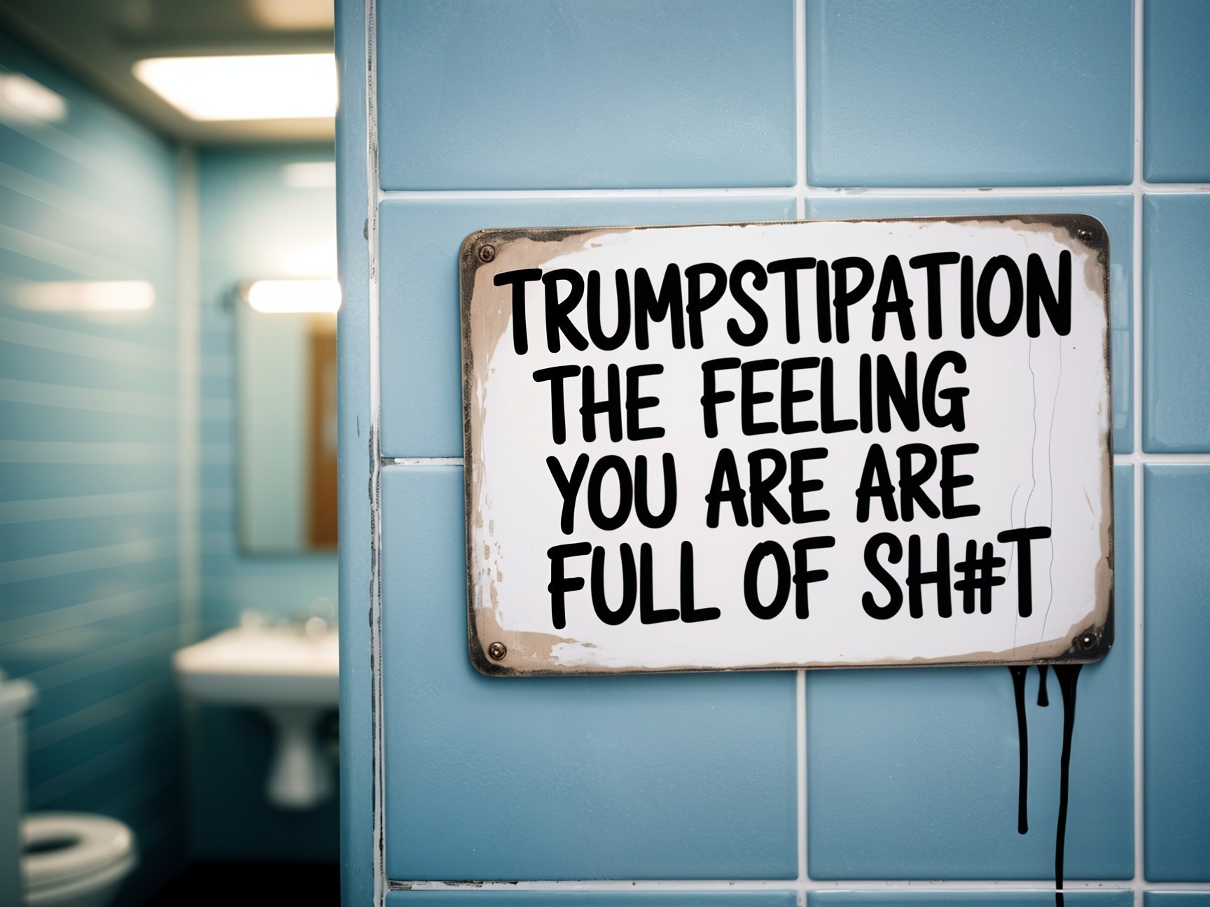 Humorous Bathroom Sign on Turquoise-Tiled Wall