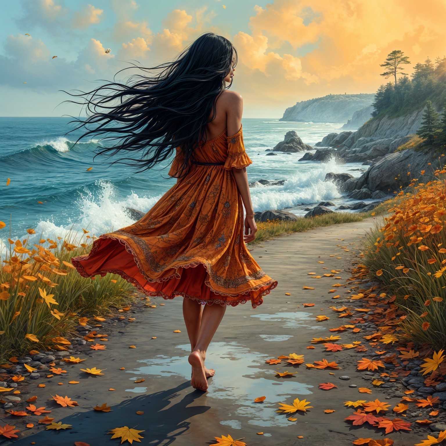 Coastal Scene of a Woman Walking on Autumn Path