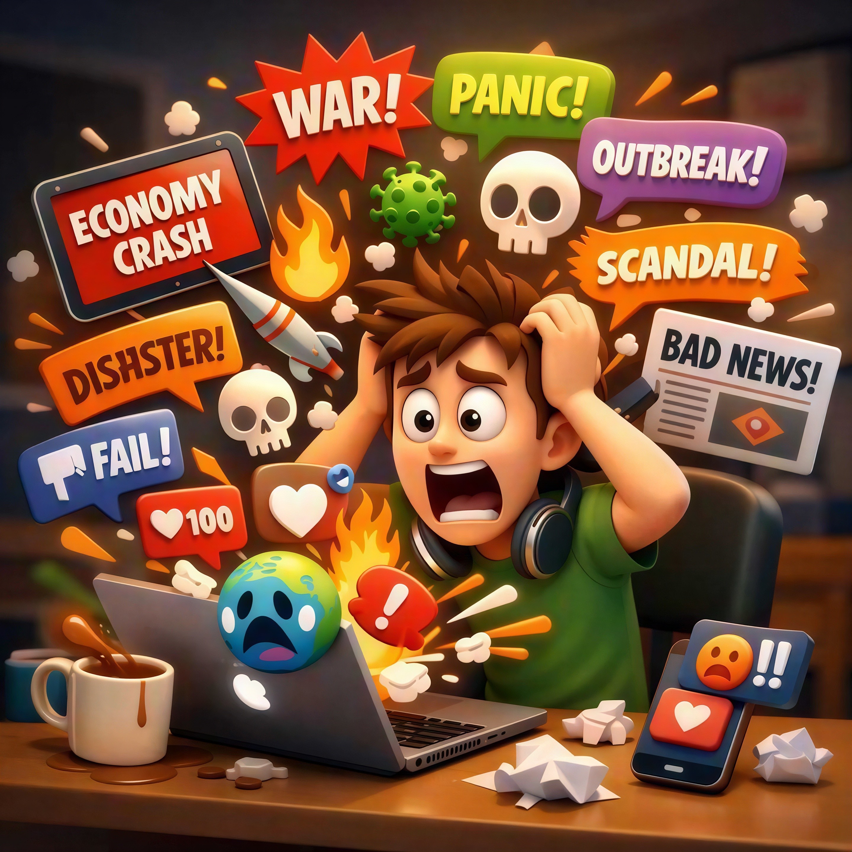 3D Render of a Stressed Boy Surrounded by Text Bubbles