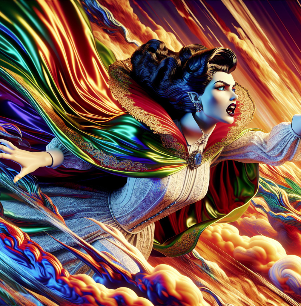 Mythical figure in vibrant swirling sky with cape