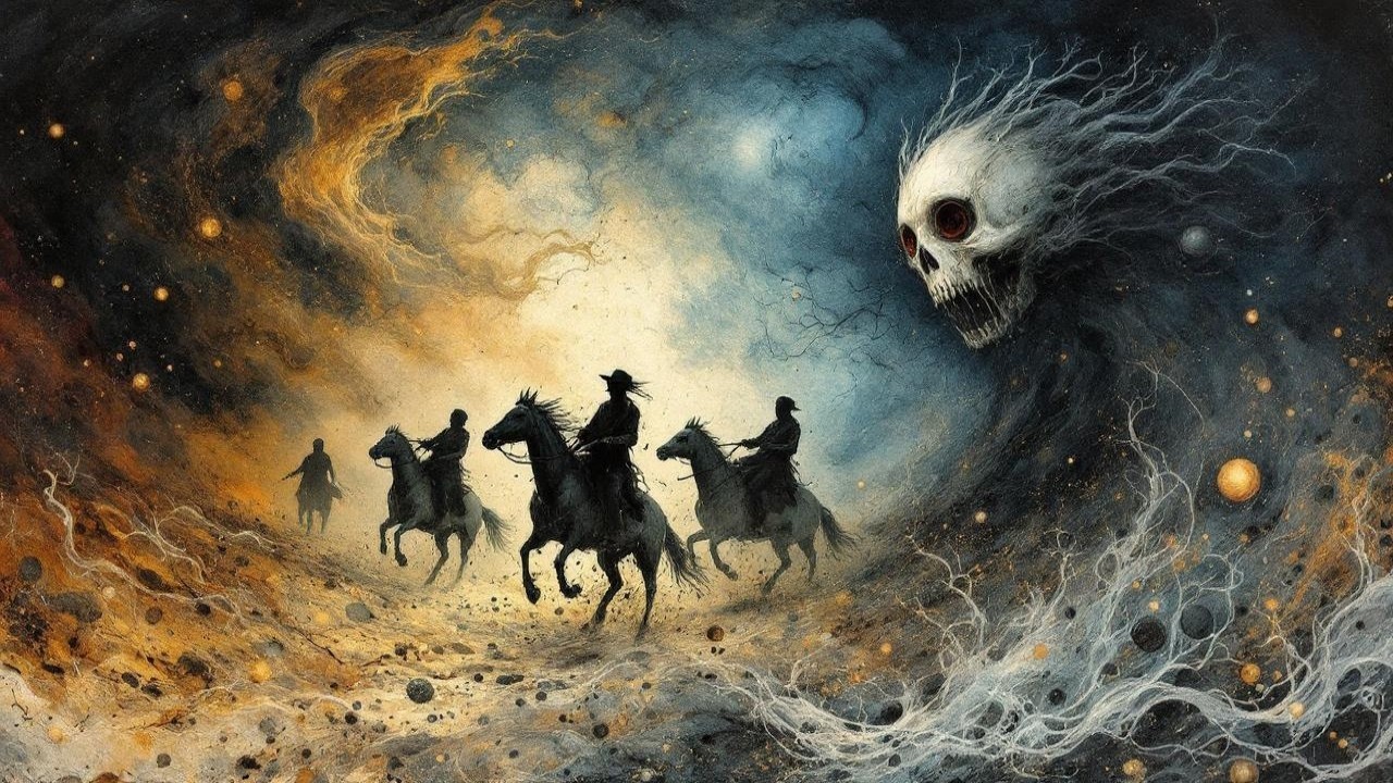 Cosmic Landscape with Four Horsemen and Skull Imagery
