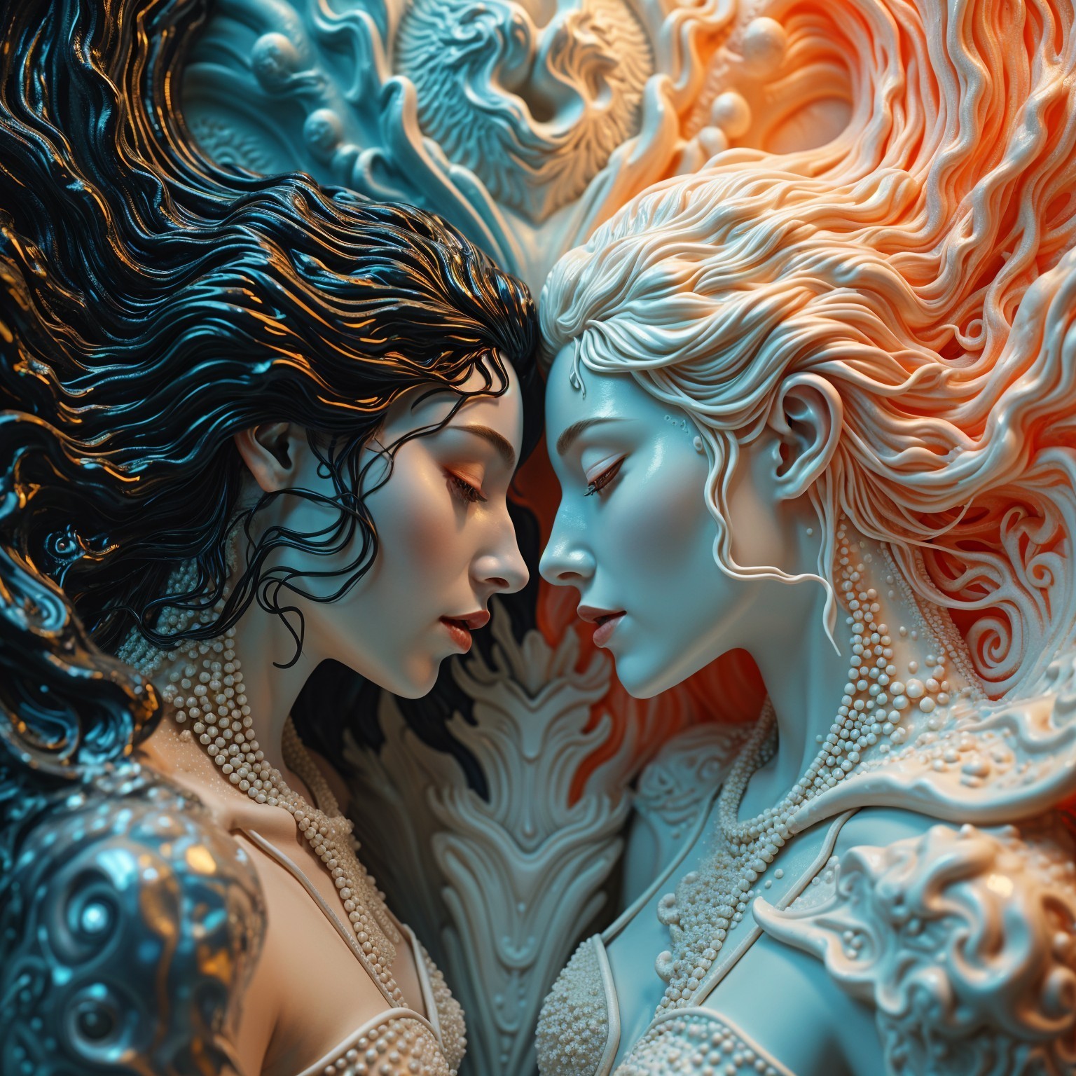 Ethereal Figures with Contrasting Hair Colors in Artwork