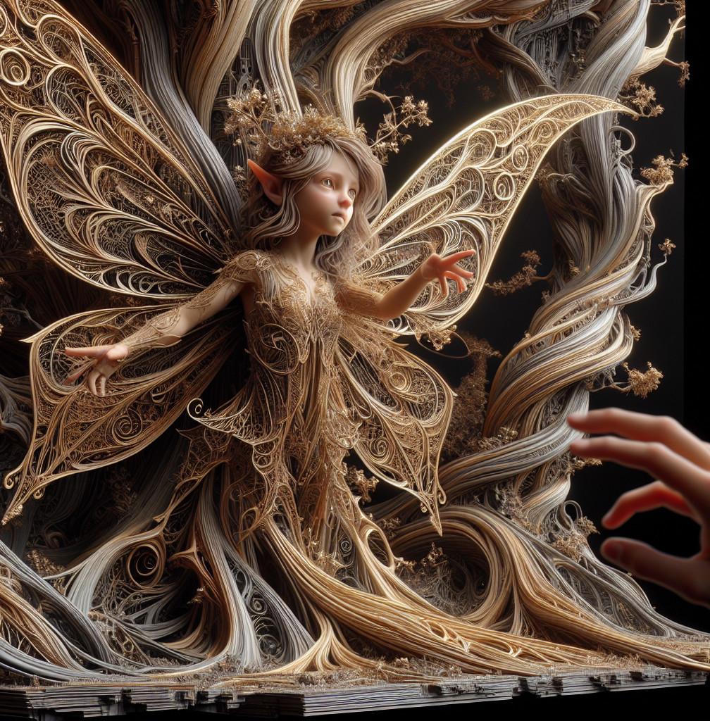 Delicate fairy figure among golden vines and floral patterns