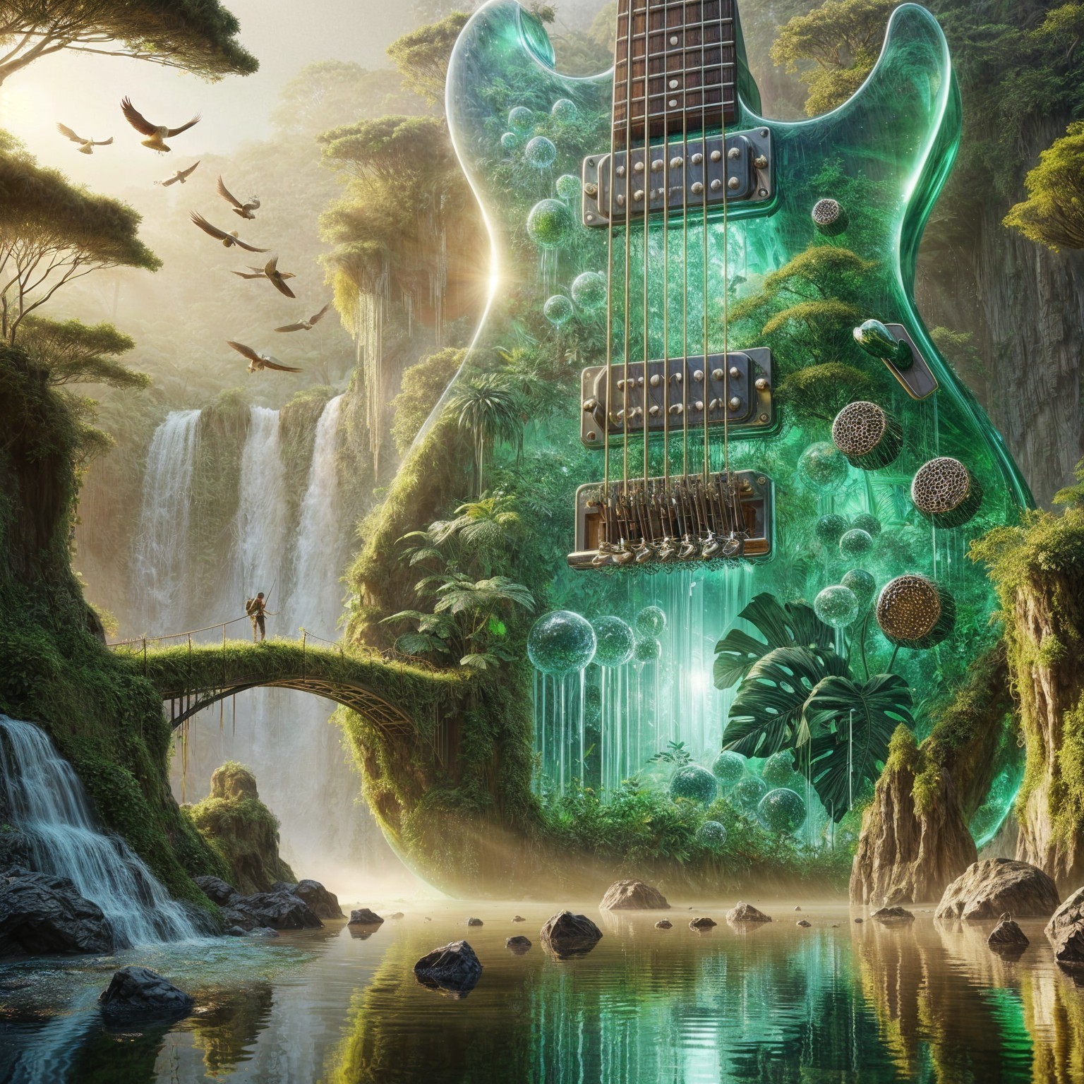Surreal Landscape with Giant Green Electric Guitar