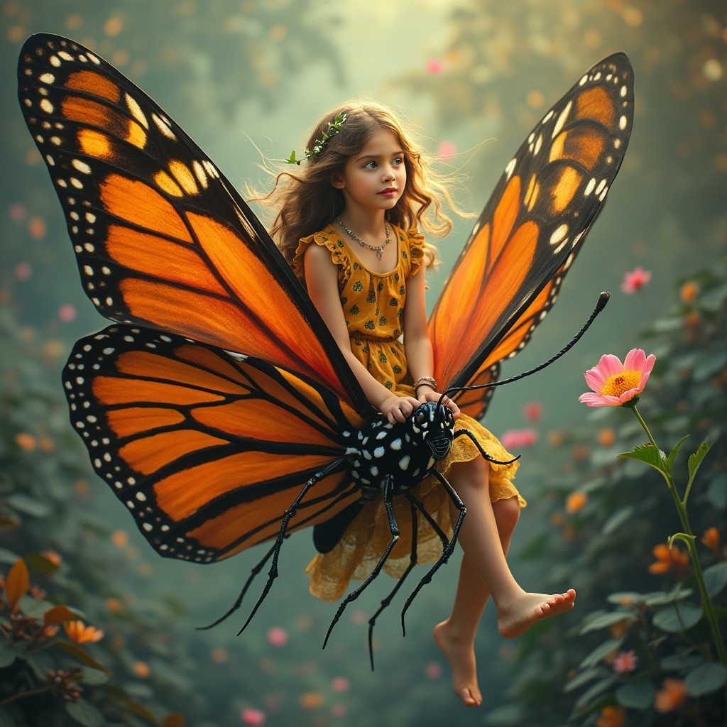 Whimsical Garden Scene with Girl on Butterfly