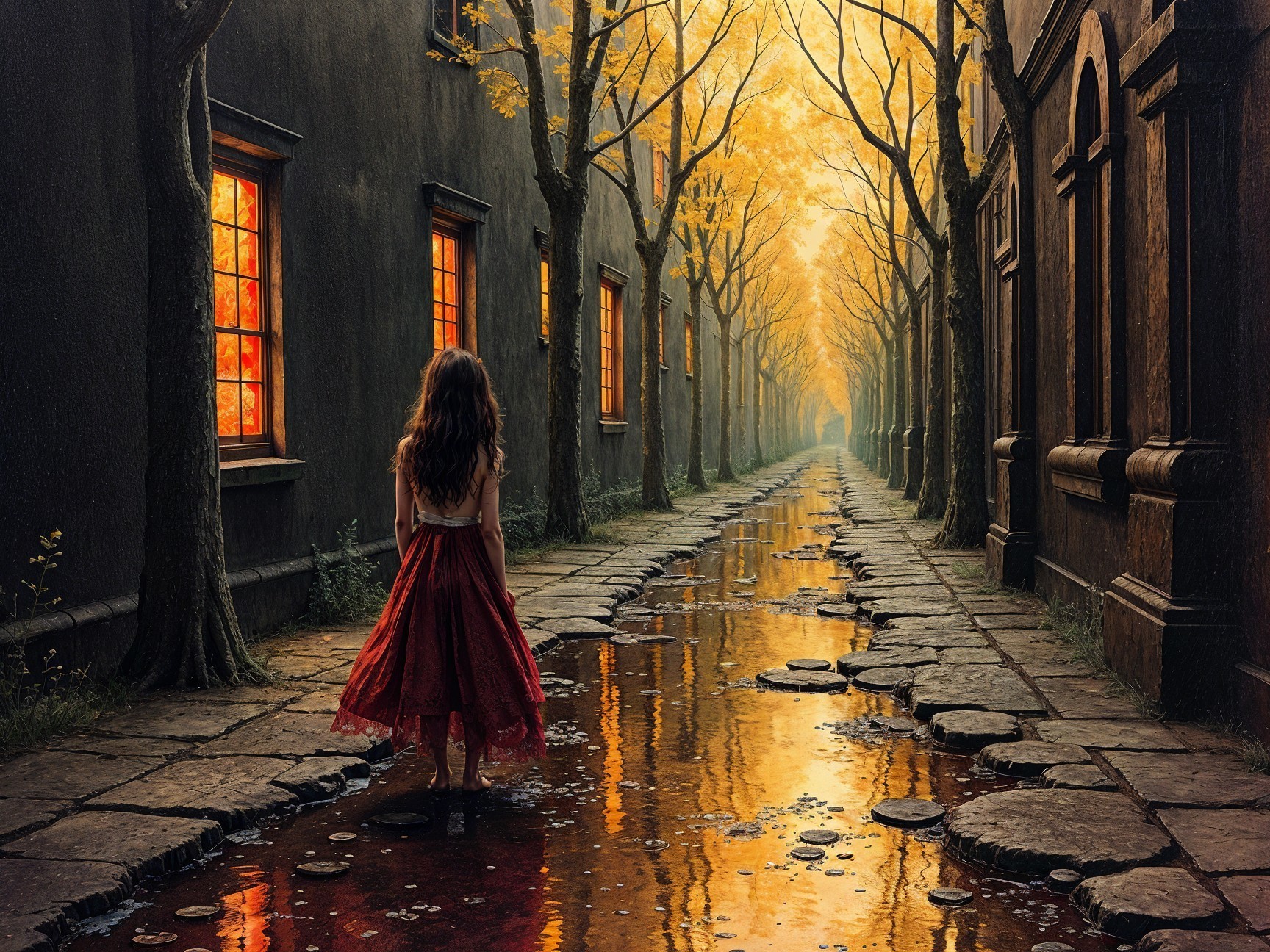 Young girl in red dress on autumn pathway scene