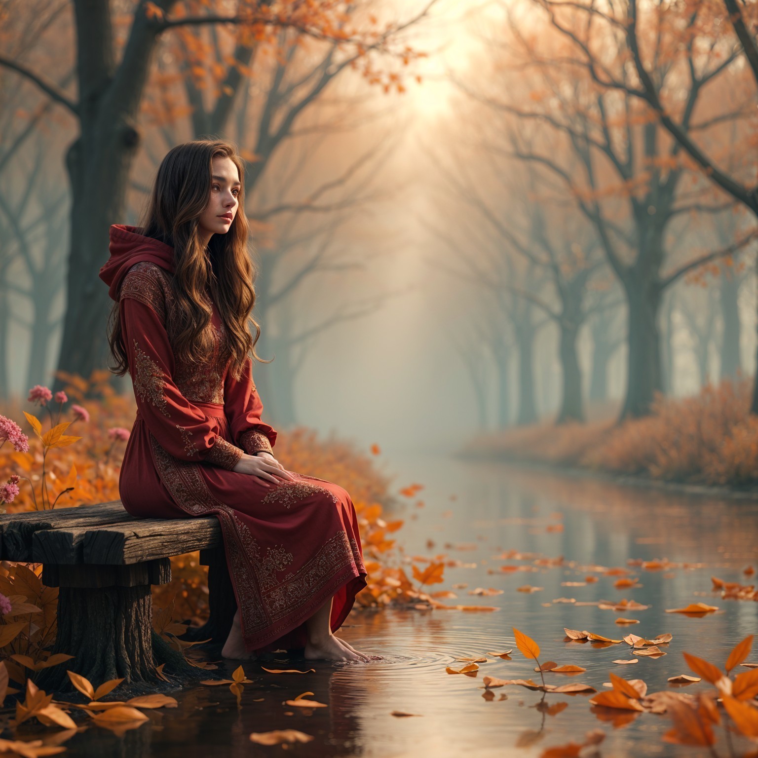Young Woman in Red Dress by Tranquil Stream in Autumn