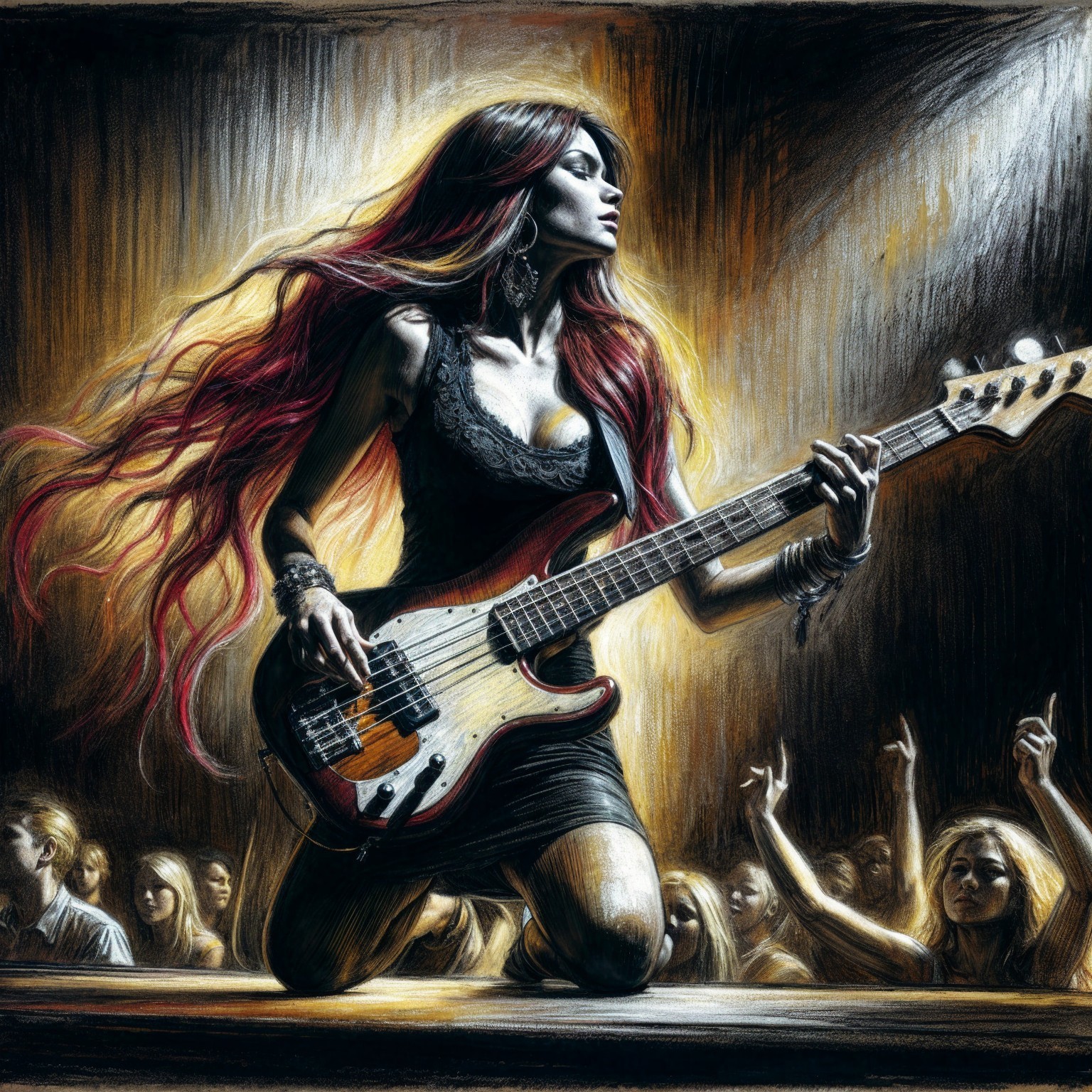 Female Bass Guitarist Performing Energetically on Stage