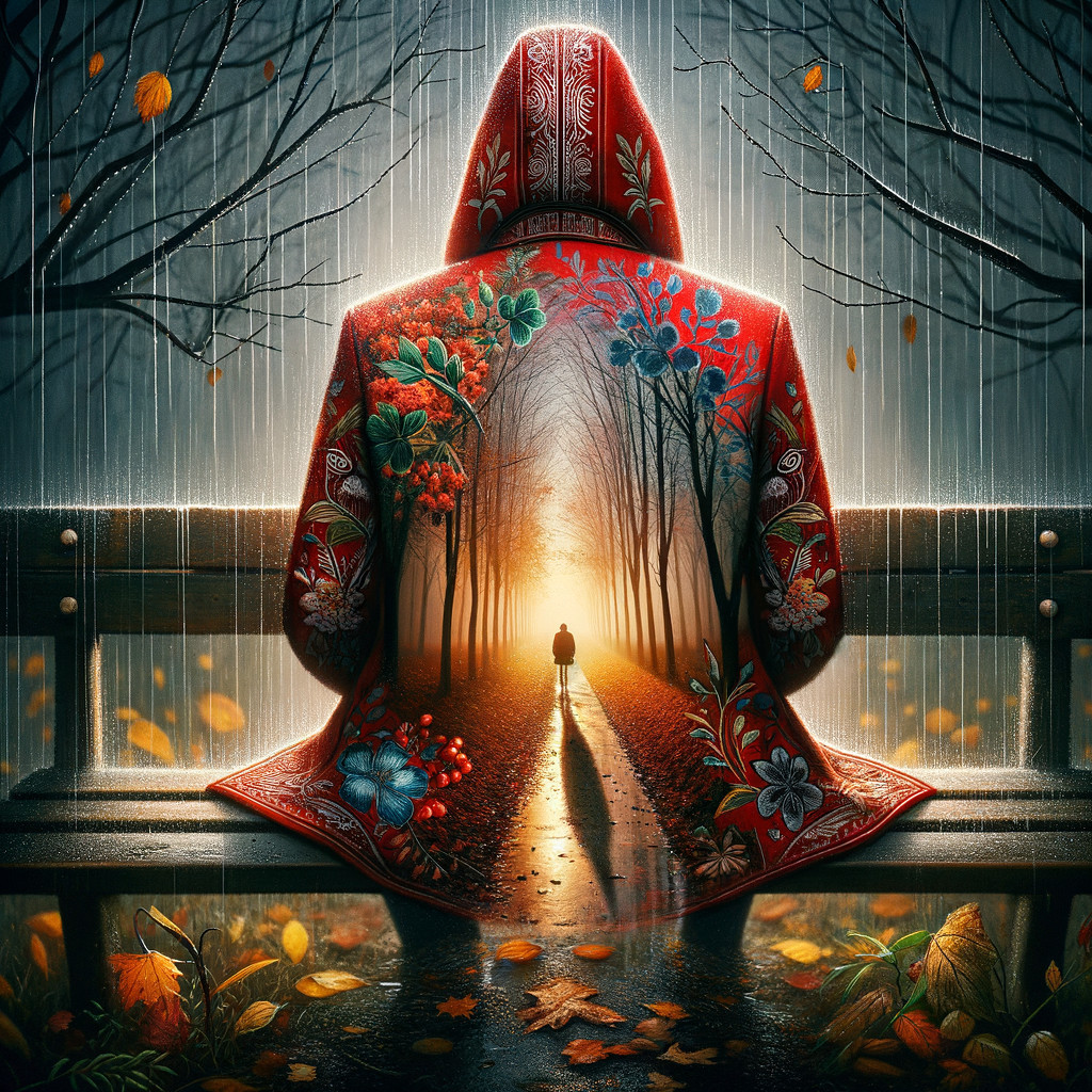 Cloaked Figure in Vibrant Hoodie in Dreamlike Landscape