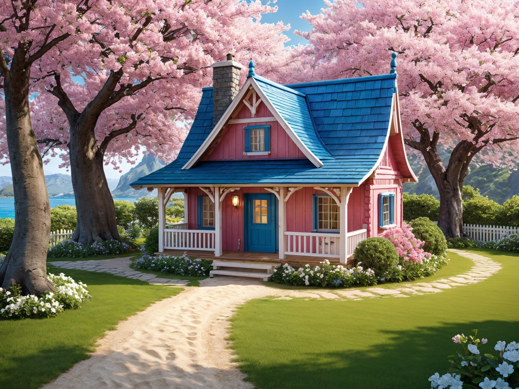 Charming Cottage with Blue Roof and Pink Walls