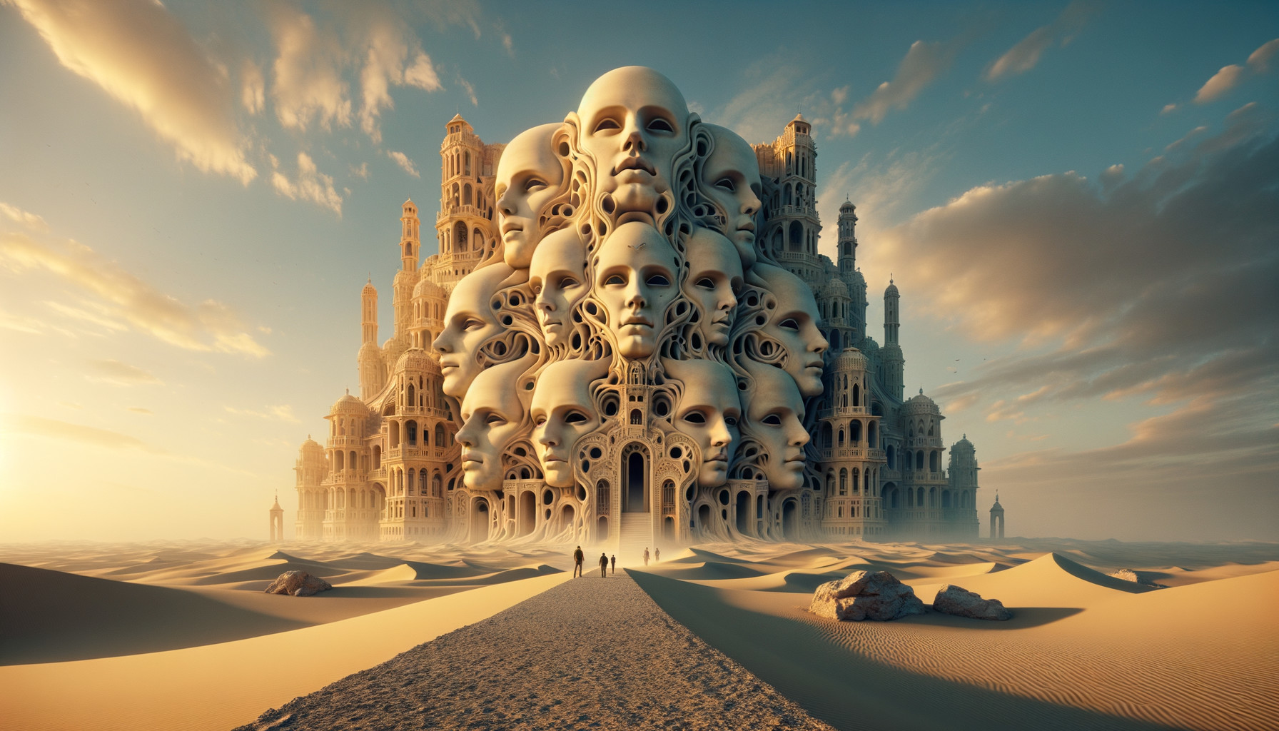 Surreal Castle with Faces Amidst Sand Dunes