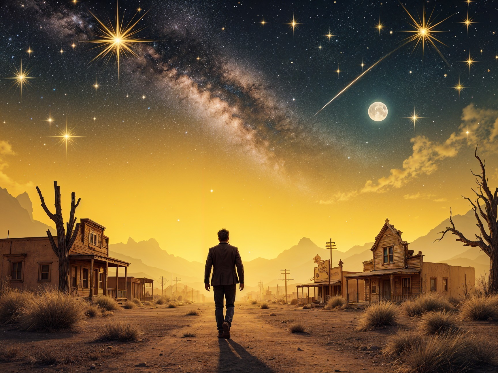 Solitary Figure in Deserted Ghost Town at Night