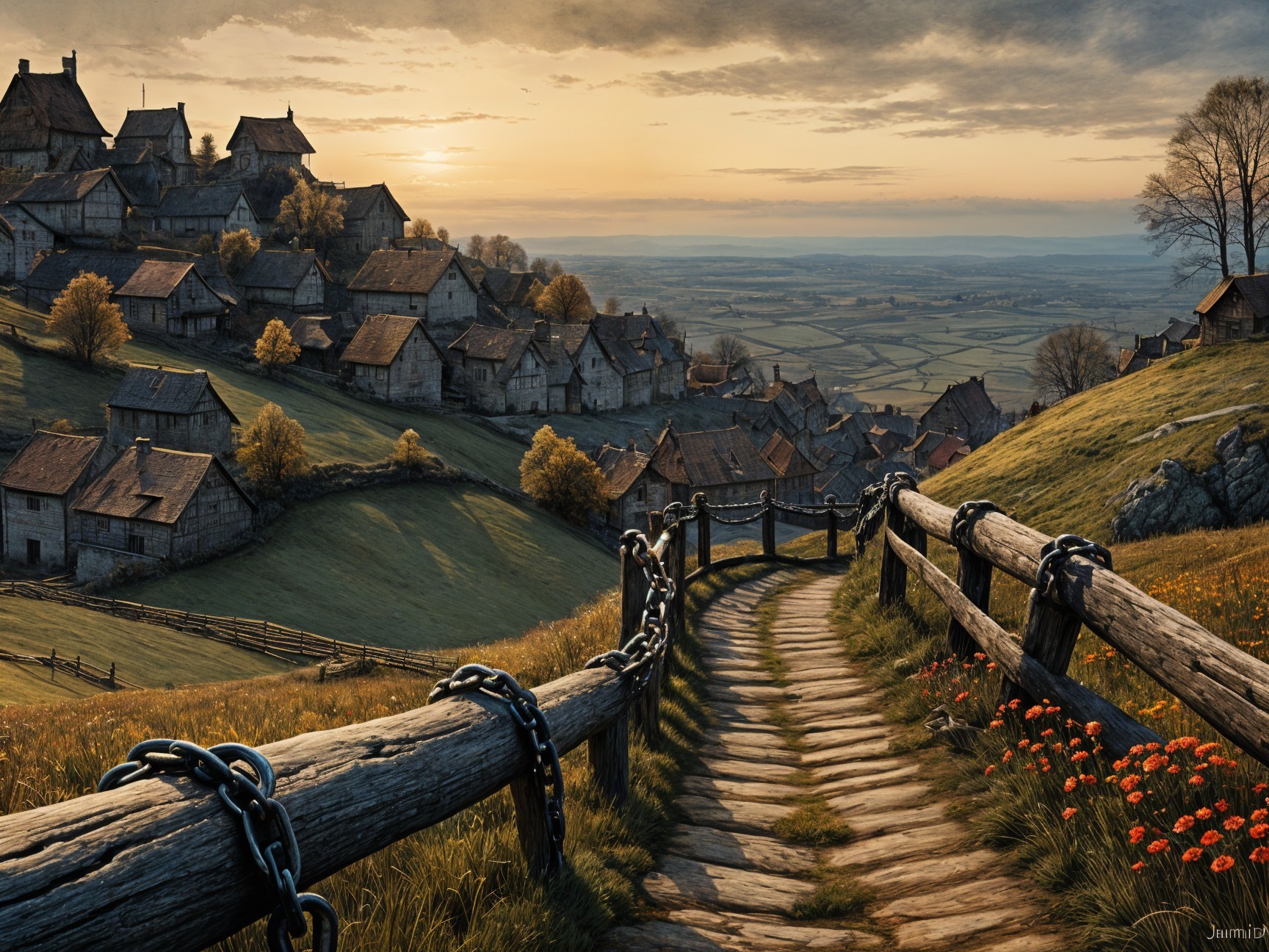 Rustic Pathway Through Serene Countryside Landscape
