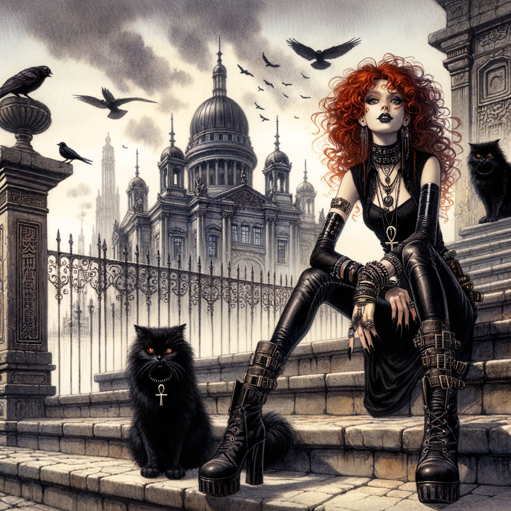 Gothic Scene with Red-Haired Figure and Dark Cats