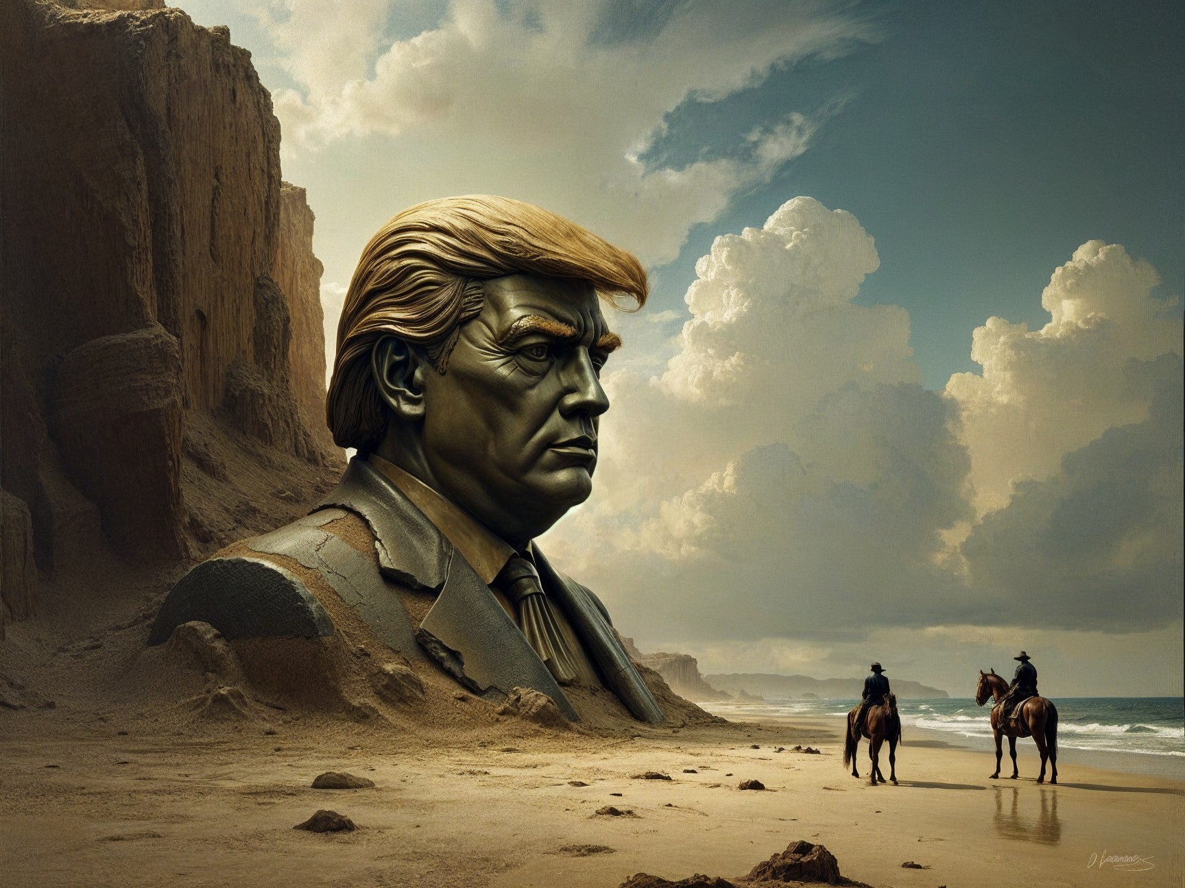 Towering Stone Sculpture by Coastal Cliffs with Riders