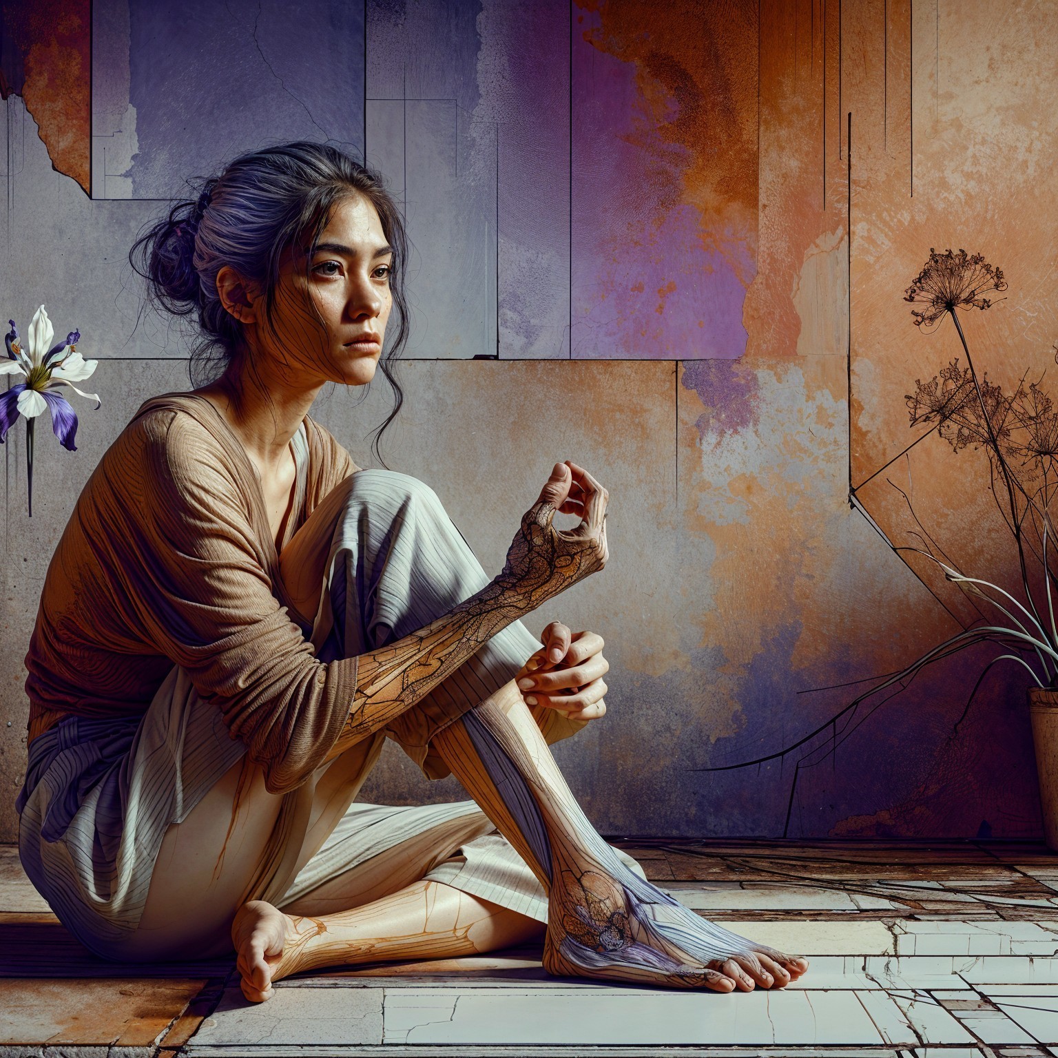 Young woman against textured wall with artistic designs