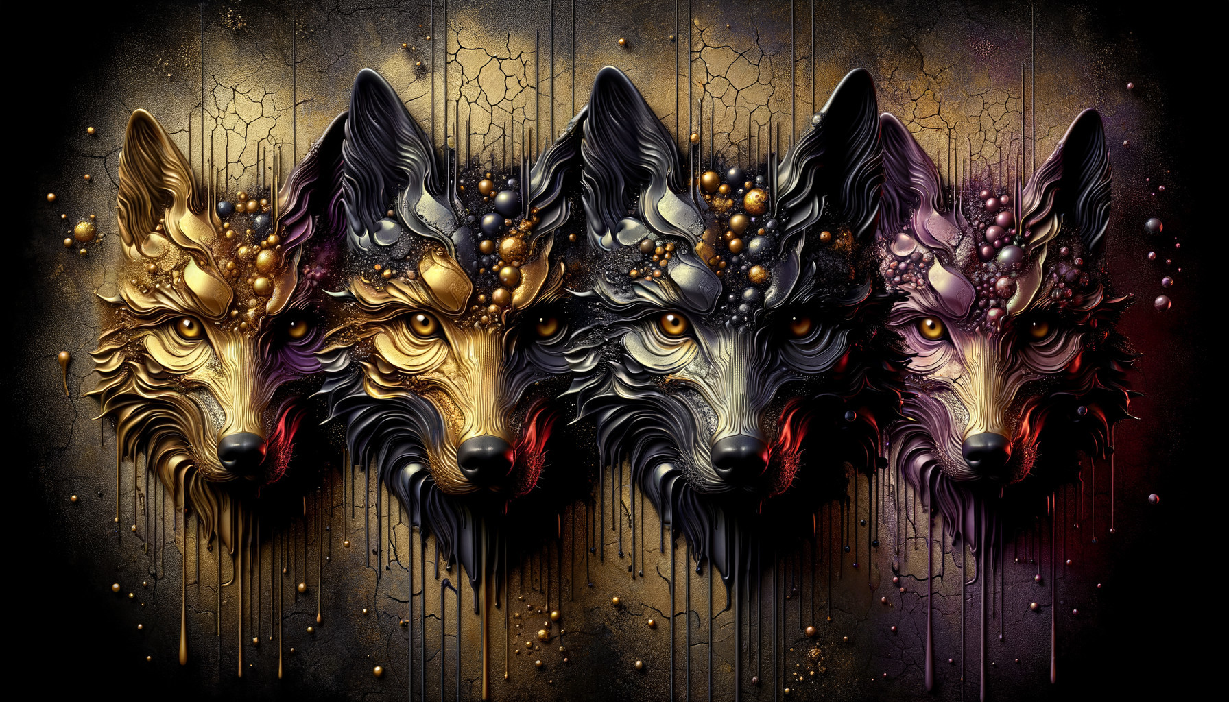 Stylized Wolf Heads in Gold, Black, and Purple