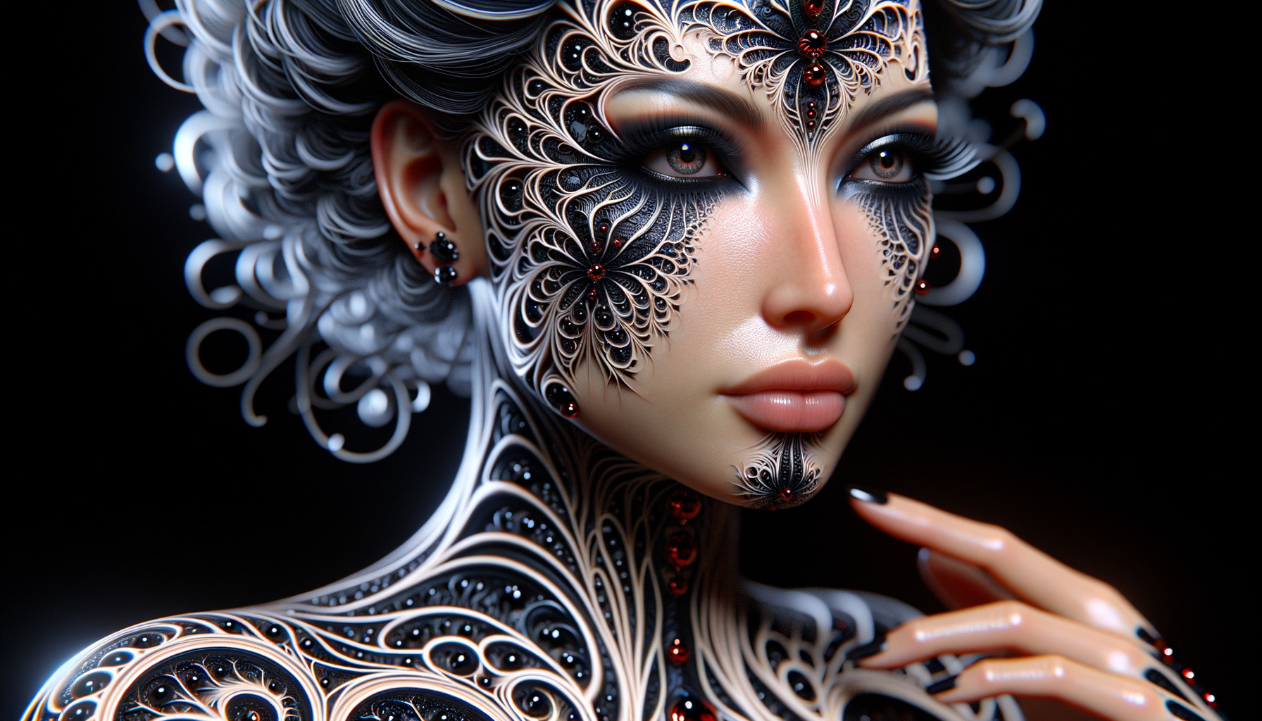 Portrait of a Woman with Intricate Body Art and Makeup