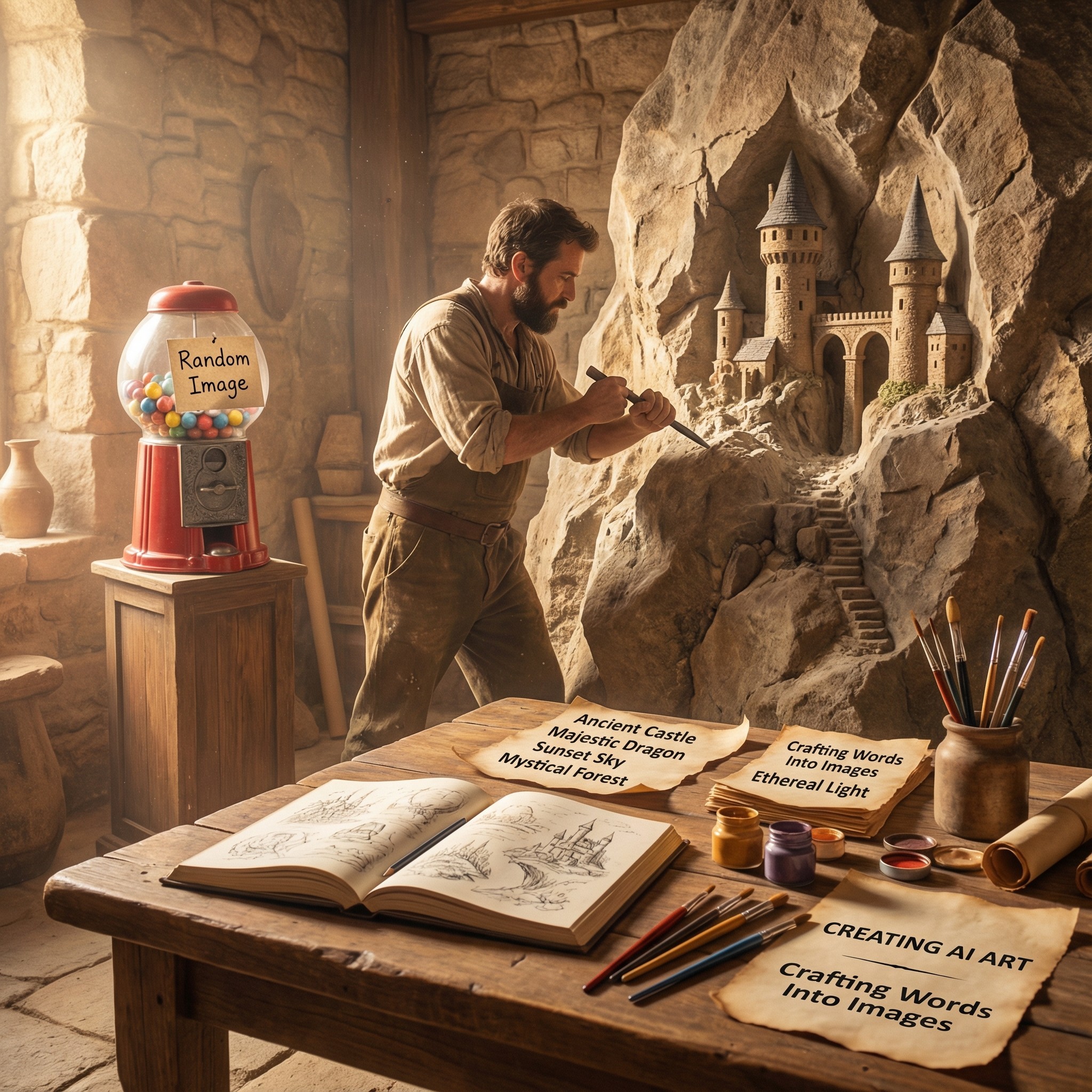 Artist Carving Detailed Castle from Rock Formation