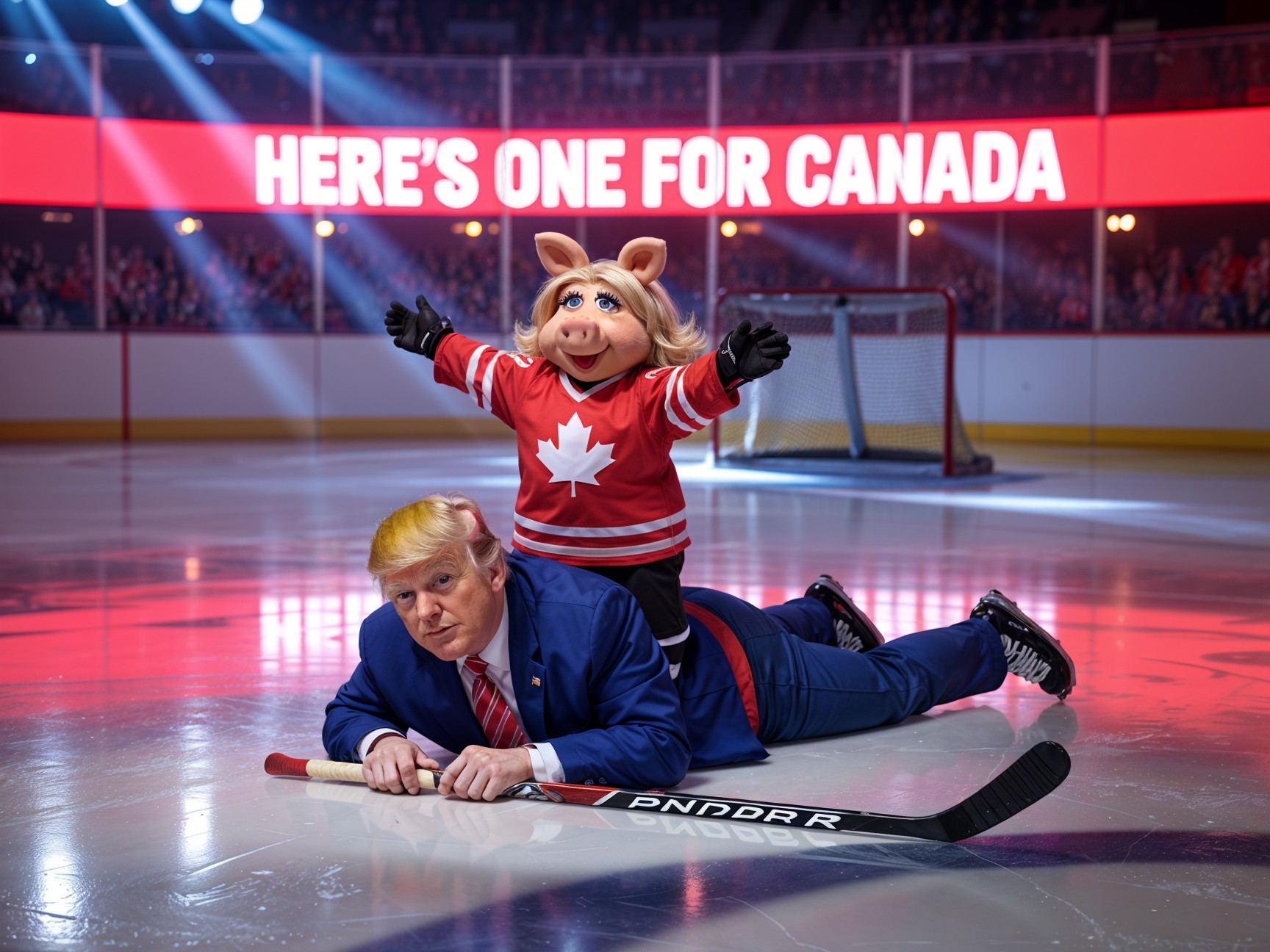 Playful Hockey Scene with Puppet and Man on Ice