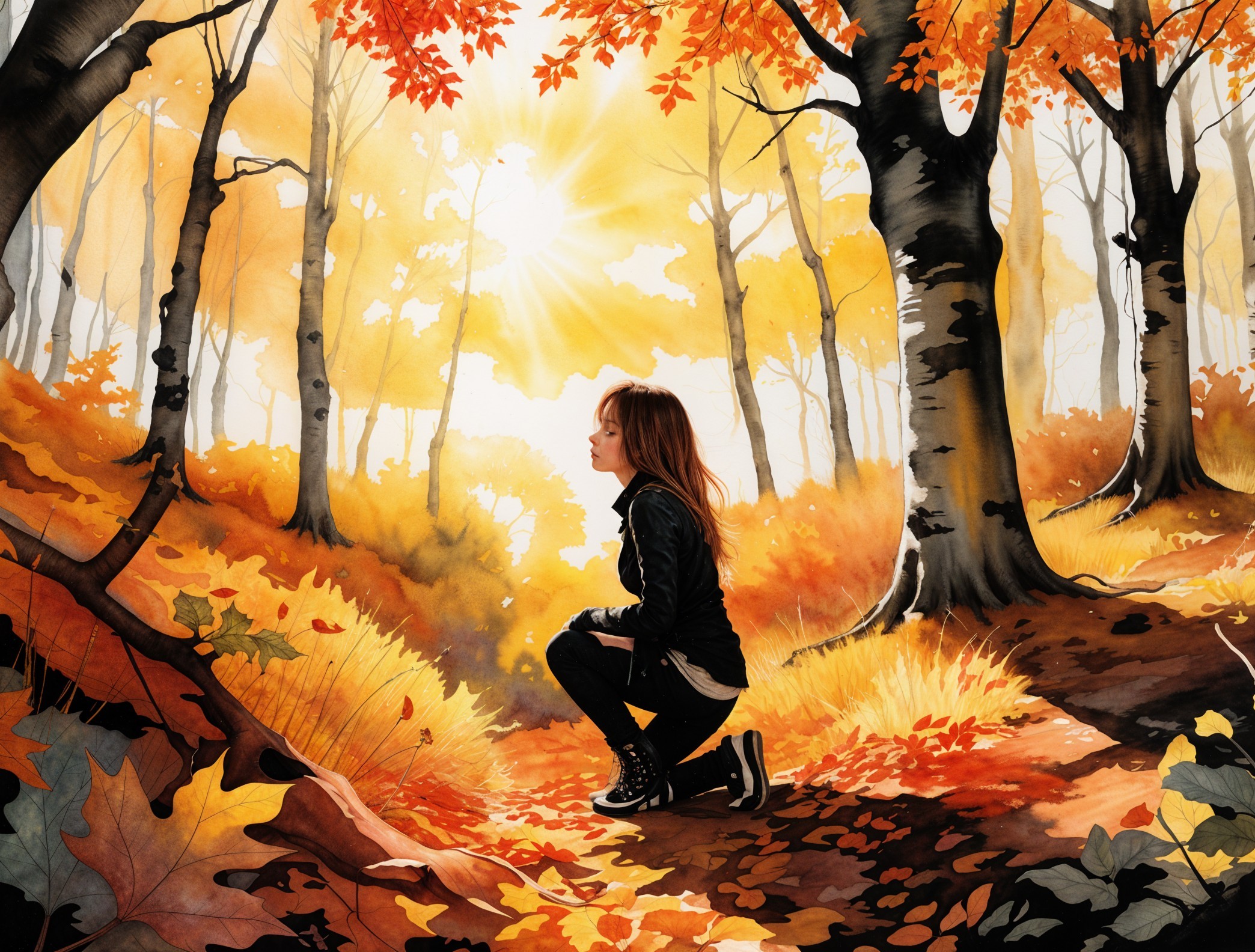 Young Woman in Autumn Forest Surrounded by Leaves