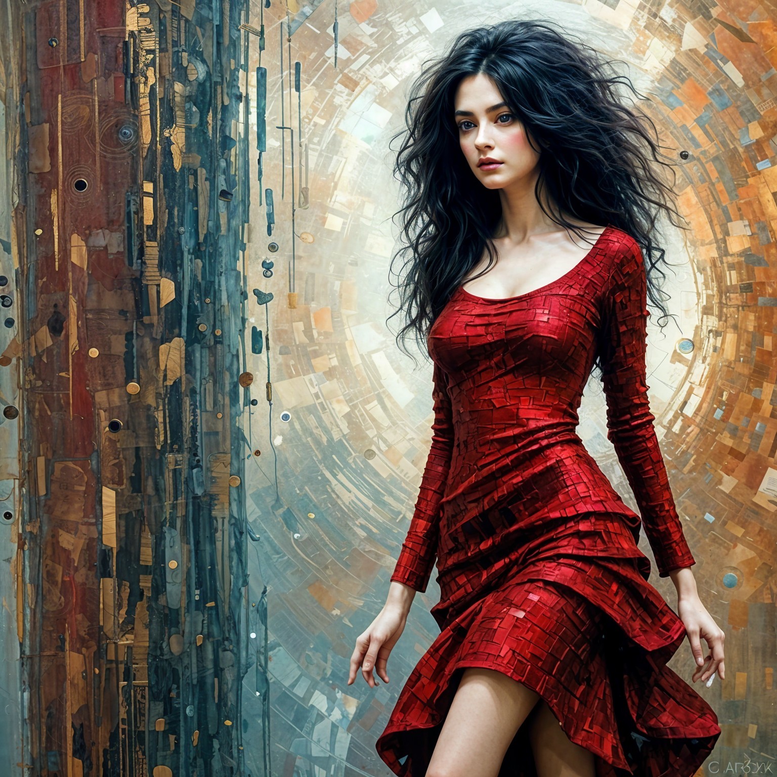 Elegant woman in red dress with mosaic panels