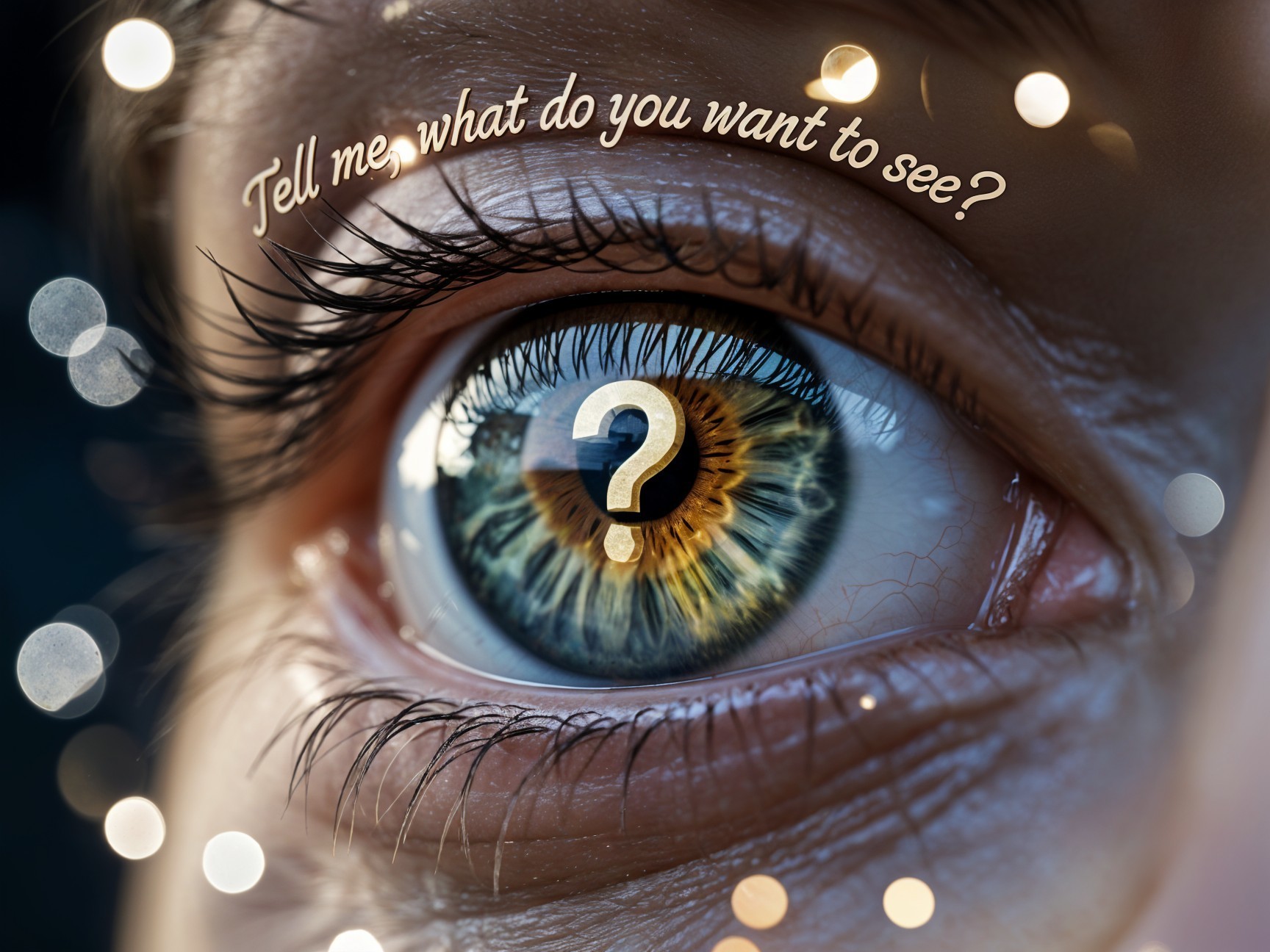 Close-up of a colorful human eye with question mark